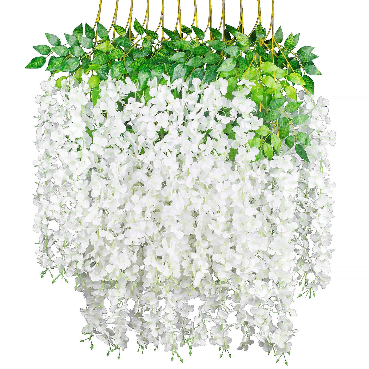 (36 Branches 12 Pack /45 Inch /3.7Ft Wisteria Hanging Artificial Flowers Fake Bushy Silk Vine Garland String For Wedding Party Garden Greenery Home Wall Deco White