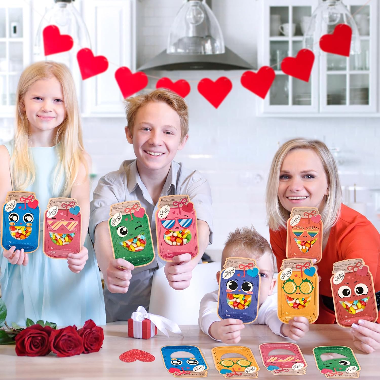 Valentines Day Cards For Kids School 48 Pack Mason Jar Valentine Day Gift Cards With Treat Bag Kids Exchange Cards For Boys Girls Classroom School Gift Party Favors (Candy Not Included)