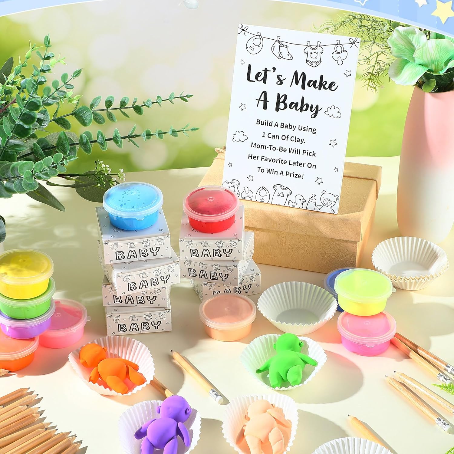 Funny Baby Shower Games Decorations Let'S Make A Baby Playdough Game Sign Set 24 Play Doughs 24 Pencils Shower Gender Reveal Game Activities Adults Boys Girls(Black And White Babysuit)