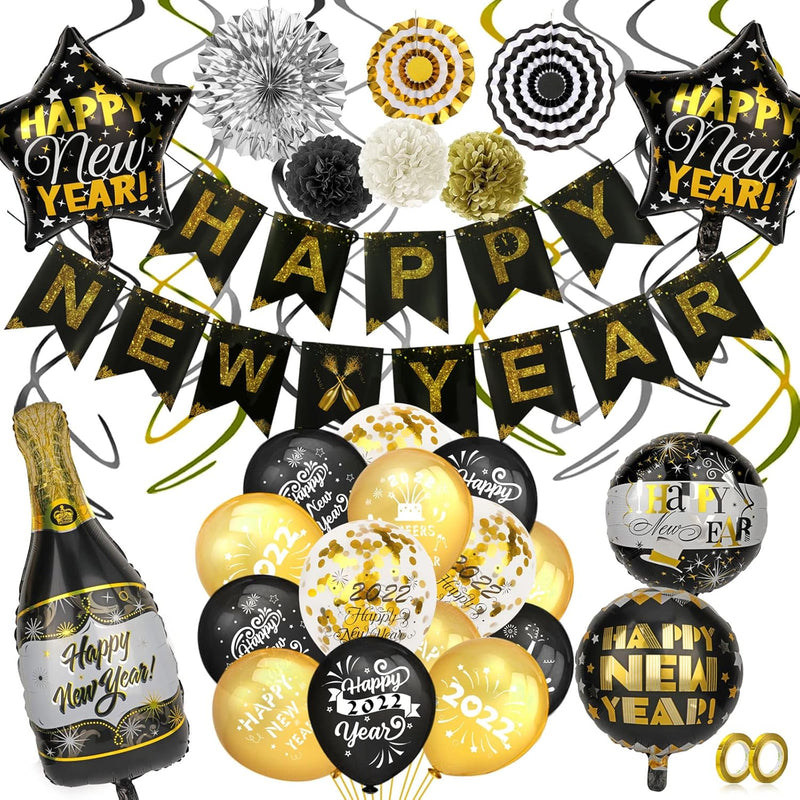 2022 Black Gold Happy New Years Eve Decorations Set, Happy New Year Ba