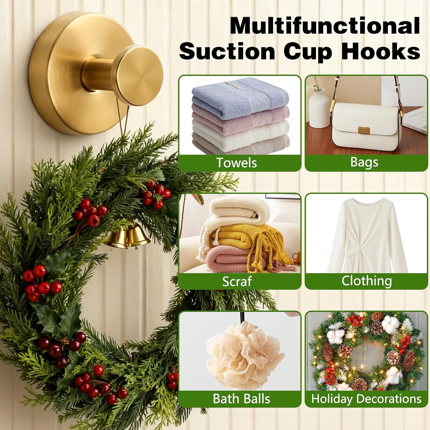 Suction Cup Hooks For Wreaths On Glass, No-Drill Suction Cup Hooks, Wreath Hangers For Front Doors, Reusable Metal Towel Hooks For Showers Bathrooms Mirrors (Gold*4)