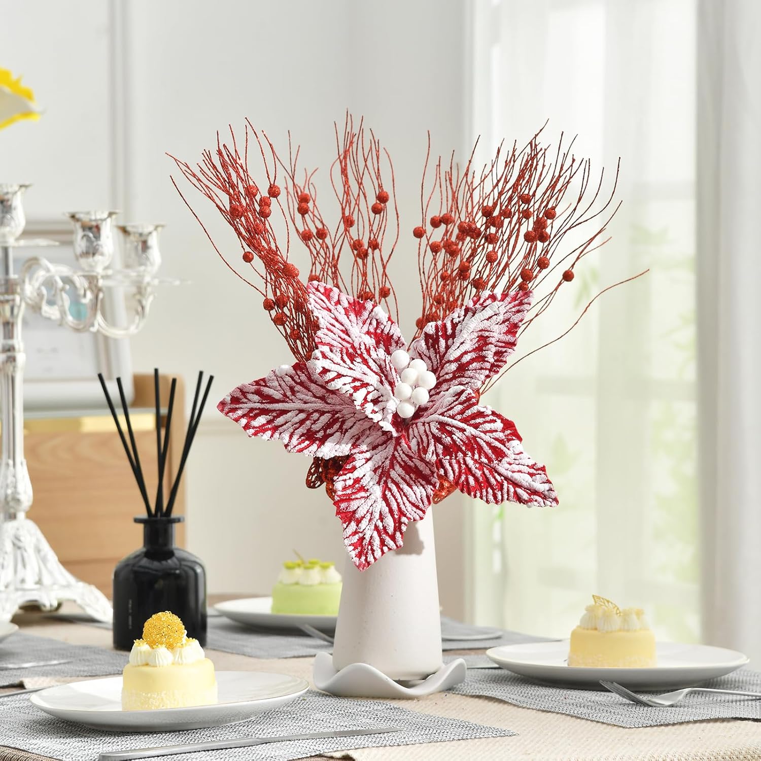Large Christmas Poinsettias 6 Pcs Snow Decorated Christmas Tree Flowers Artificial Flower Picks Ornaments For Christmas Tree Wreath Decoration (Red/White)