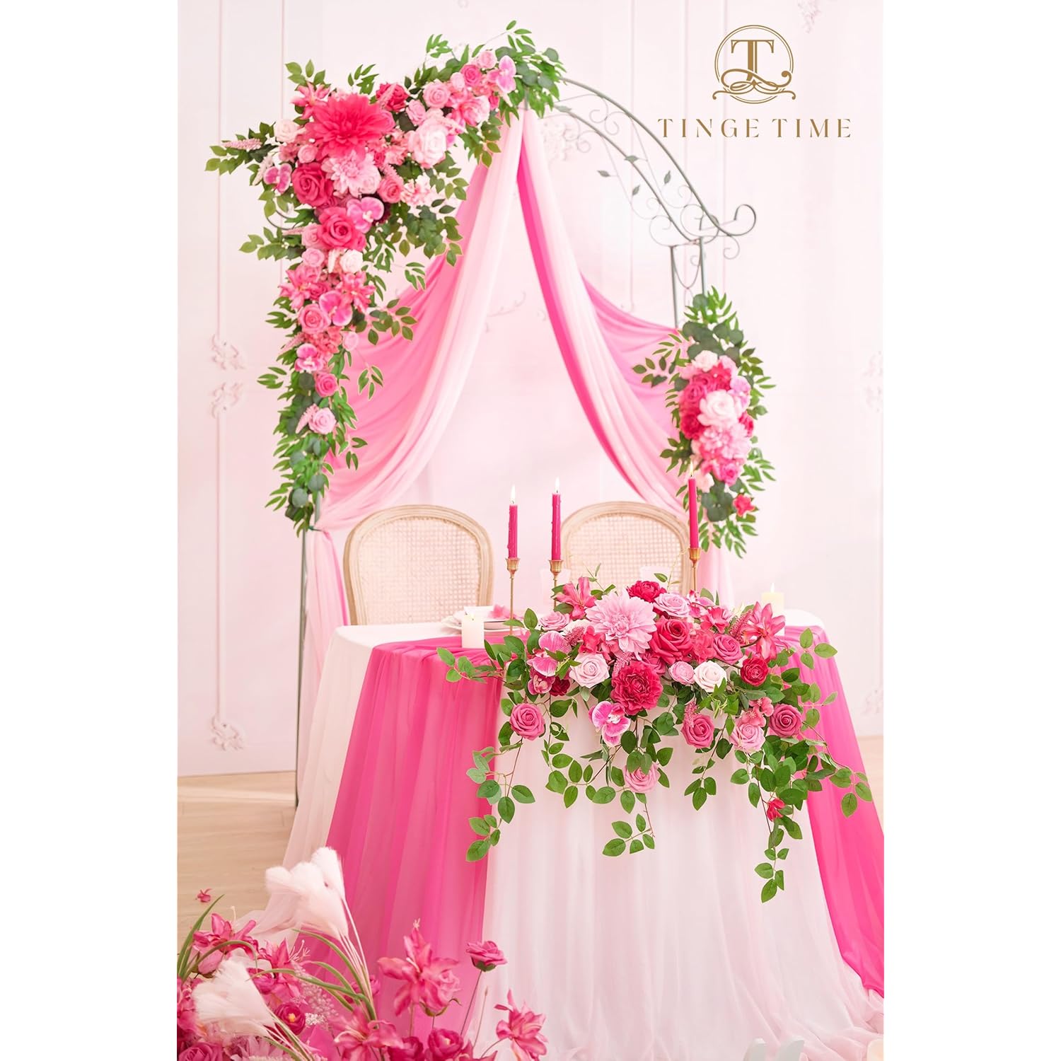 Artificial Sweetheart Flower Swag With Table Cloth And Table Runner, Pack Of 3 Floral Arrangement For Wedding Sweetheart Table Centerpiece Decoration Valentine'S Day (Hot Pink)