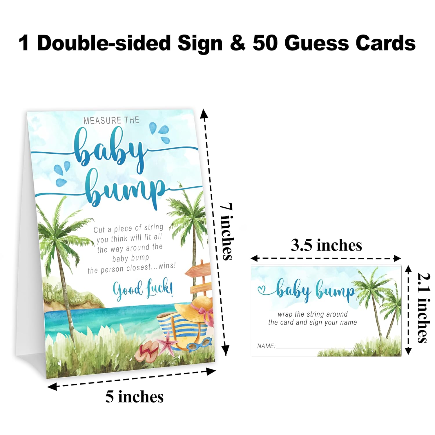 How Big Is Mommys Belly Game, Measure The Baby Bump Baby Shower Game, Summer Beach Baby Shower Party Decorations & Supplies, 1 Sign & 50 Guess Cards-A07