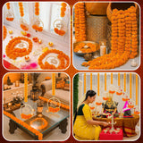 5 Pcs 69.6 Inch Diwali Artificial Marigold Garland With Lotus Wood Bead Hanging For Decoration Artificial Flowers Long Strands Indian Pooja Ganesh Decor For Indian Wedding Pooja Christmas Party