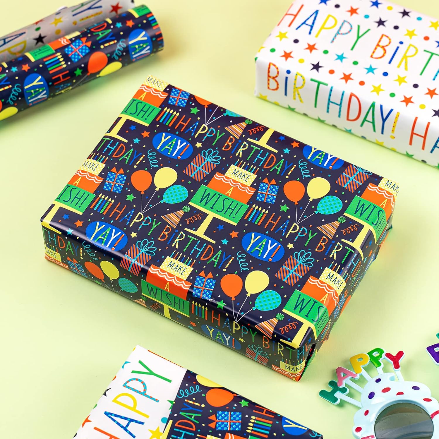 Reversible Birthday Wrapping Paper Mini Roll - 17In X 32.8Feet - Colorful Happy Birthday Lettering,Cake,Candle Pattern Kid Boys Party Gift Wrap Present Paper For Baby Shower, Holiday