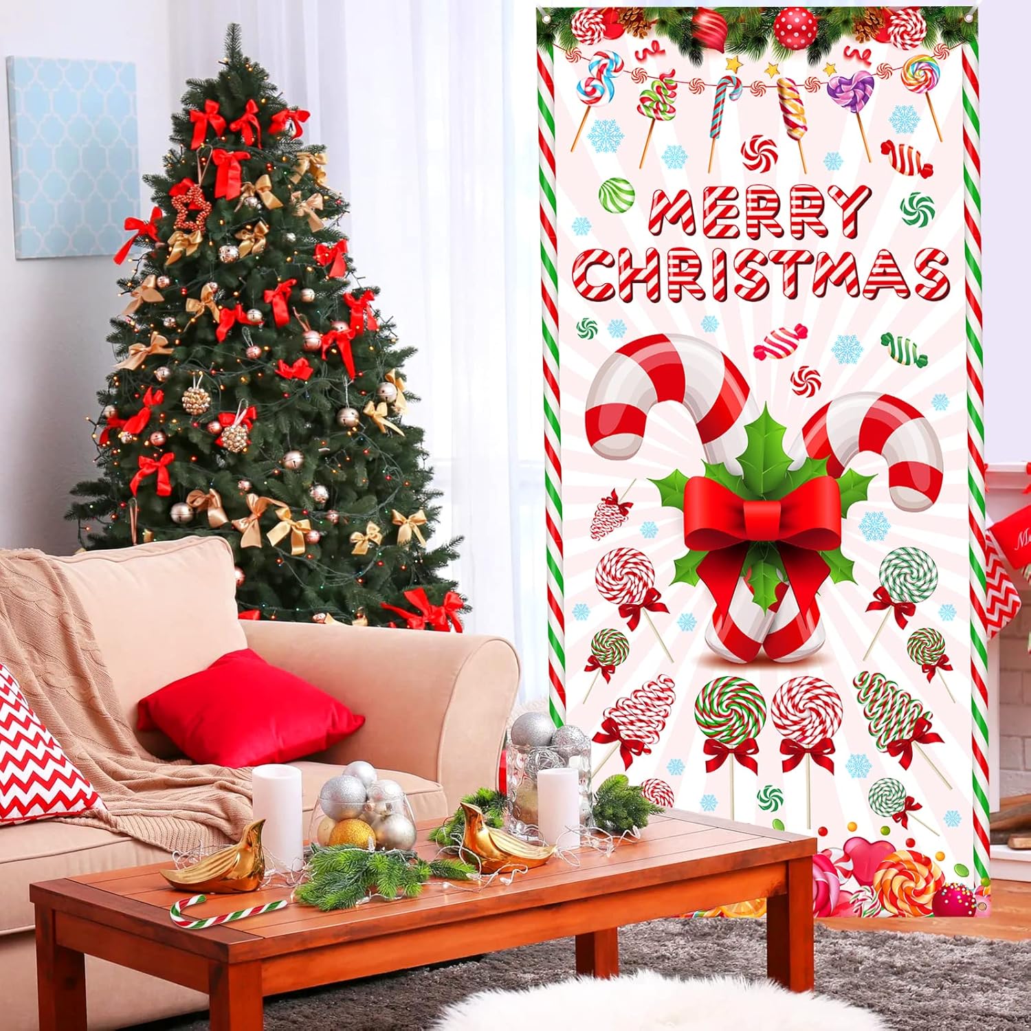 Merry Christmas Peppermint Candy Cane Themed Lollipop Door Hanging Banner For Xmas Party Indoor/Outdoor Wall Decor
