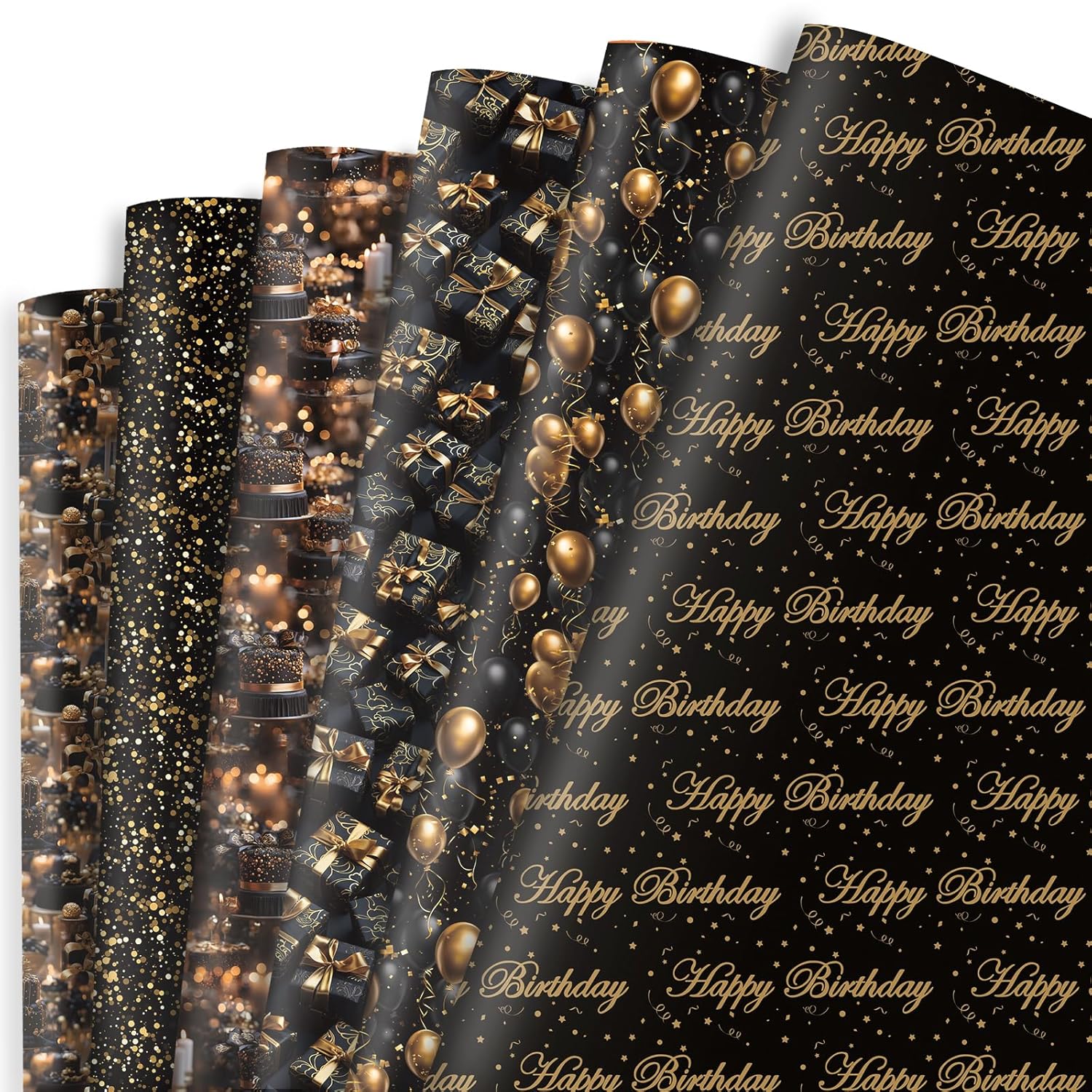 Birthday Wrapping Paper - 6 Black Gold Style Gift Paper For Men, Women, Kids - 20 X 28 Inch, Folded Flat (6 Sheet Recyclable)