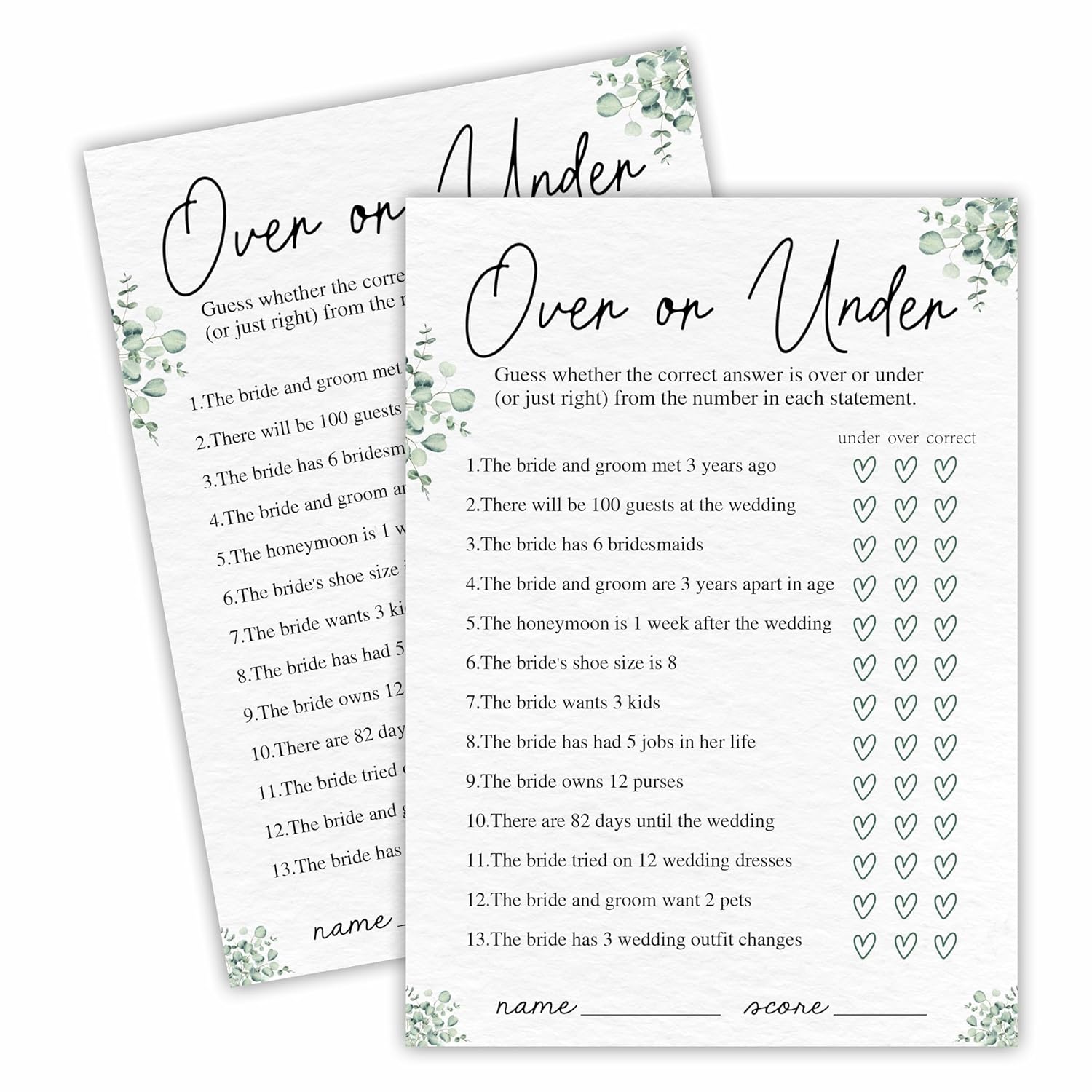 30 Bridal Shower Game Cards - Over Or Under Or Just Right - Eucalyptus Leaf Plant Themed Wedding Games, Engagement? Wedding Party Activity Games? Suitable For 30 Guests? Favors & Supplies - A04