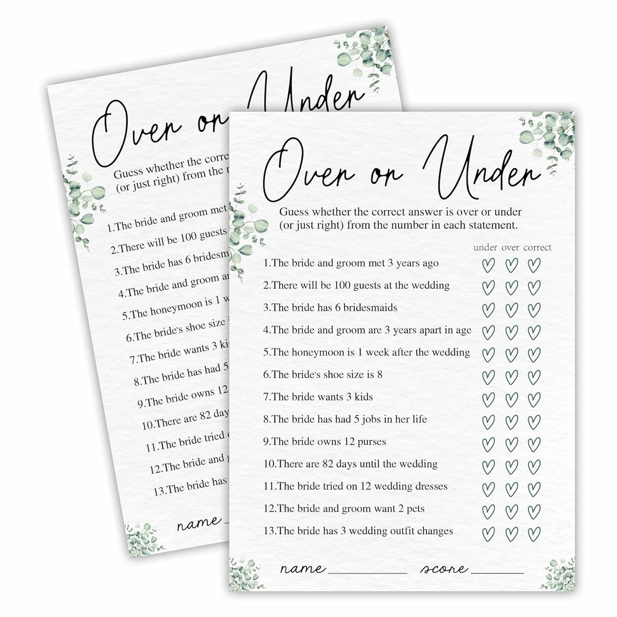 30 Bridal Shower Game Cards - Over Or Under Or Just Right - Eucalyptus Leaf Plant Themed Wedding Games, Engagement? Wedding Party Activity Games? Suitable For 30 Guests? Favors & Supplies - A04