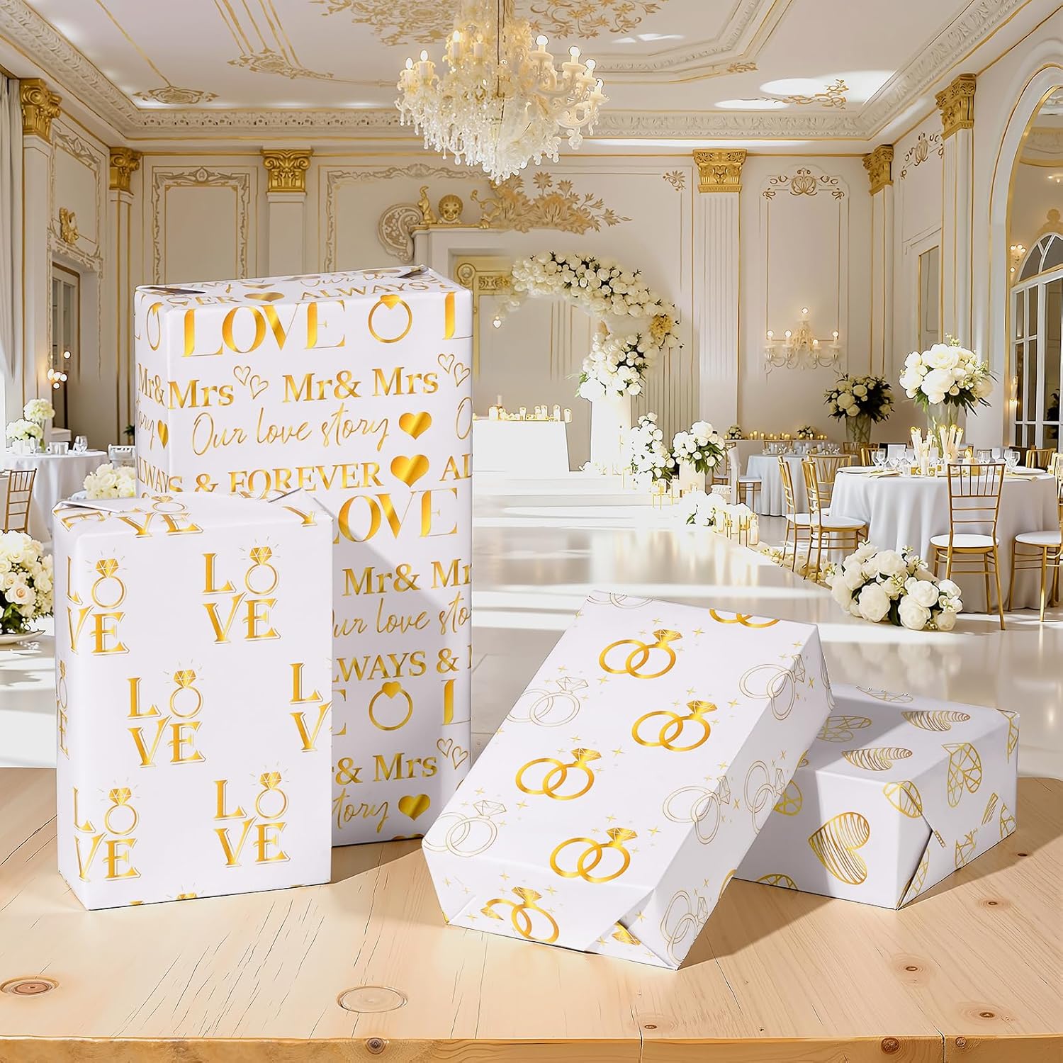 Ring Gift Wrapping Paper, 12 Sheets Engagement Ring Gift Wrap Gold Love Wrapping Paper With Mr & Mrs Design For Bridal Shower Anniversary Engagement Valentine'S Day Birthday, 19.7'' X 27.6''