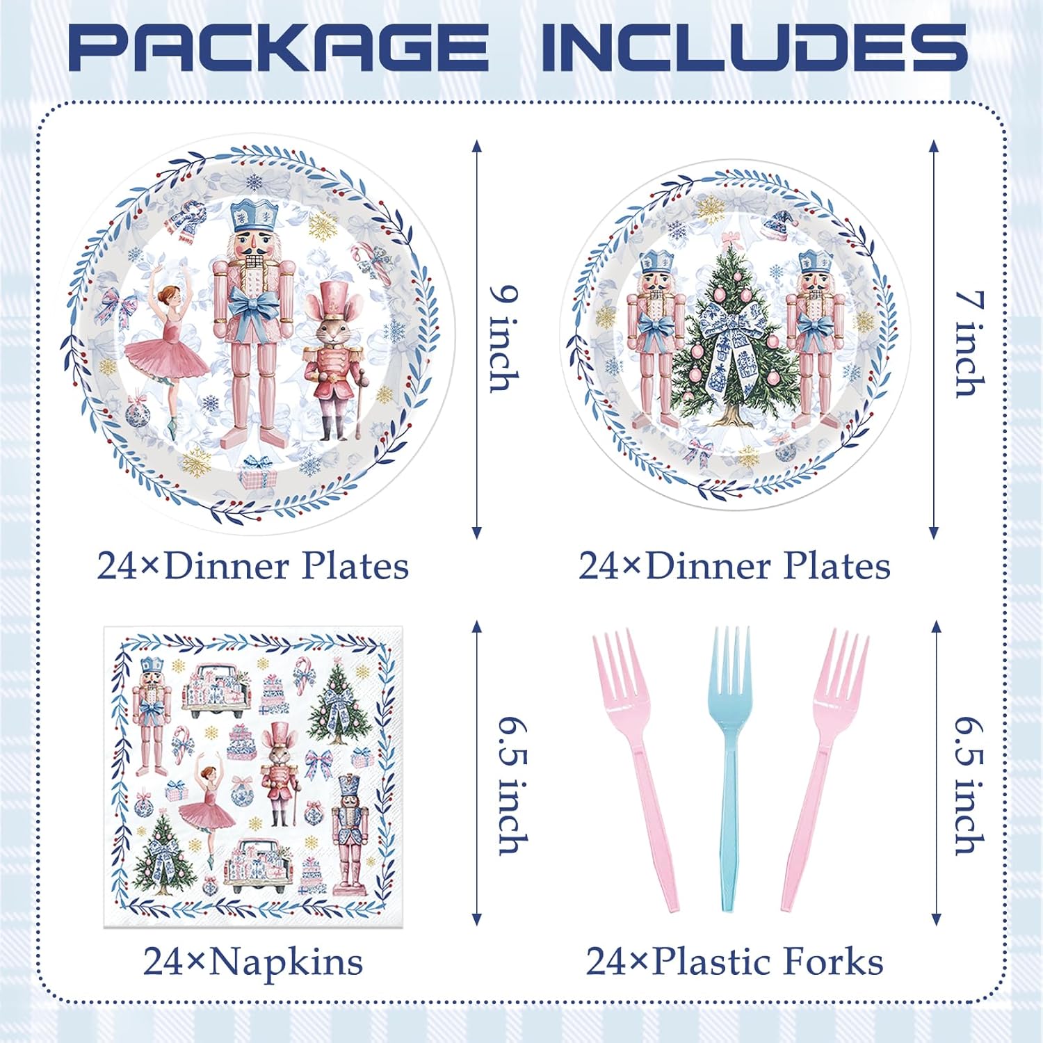 Nutcracker Christmas Plates Decor - 96 Pcs Pink Blue Nutcrackers Xmas Party Decorations Disposable Dessert Paper Plate Napkins Forks Tableware Supplies For Winter Holiday Serves 24 Guests