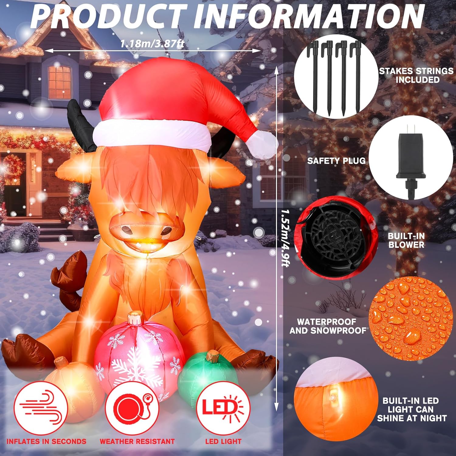 4.9 Ft Christmas Inflatable Cow Decoration Inflatable Highland Cow Cute Blow Up Animals In Santa Hat With Built-In Led L