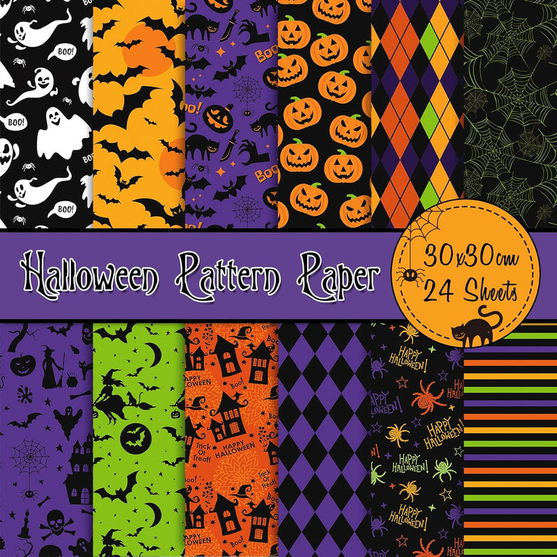 24Pcs Halloween Pattern Paper 30X30Cm Pumpkin Bat Spider Witch Ghost Scrapbook