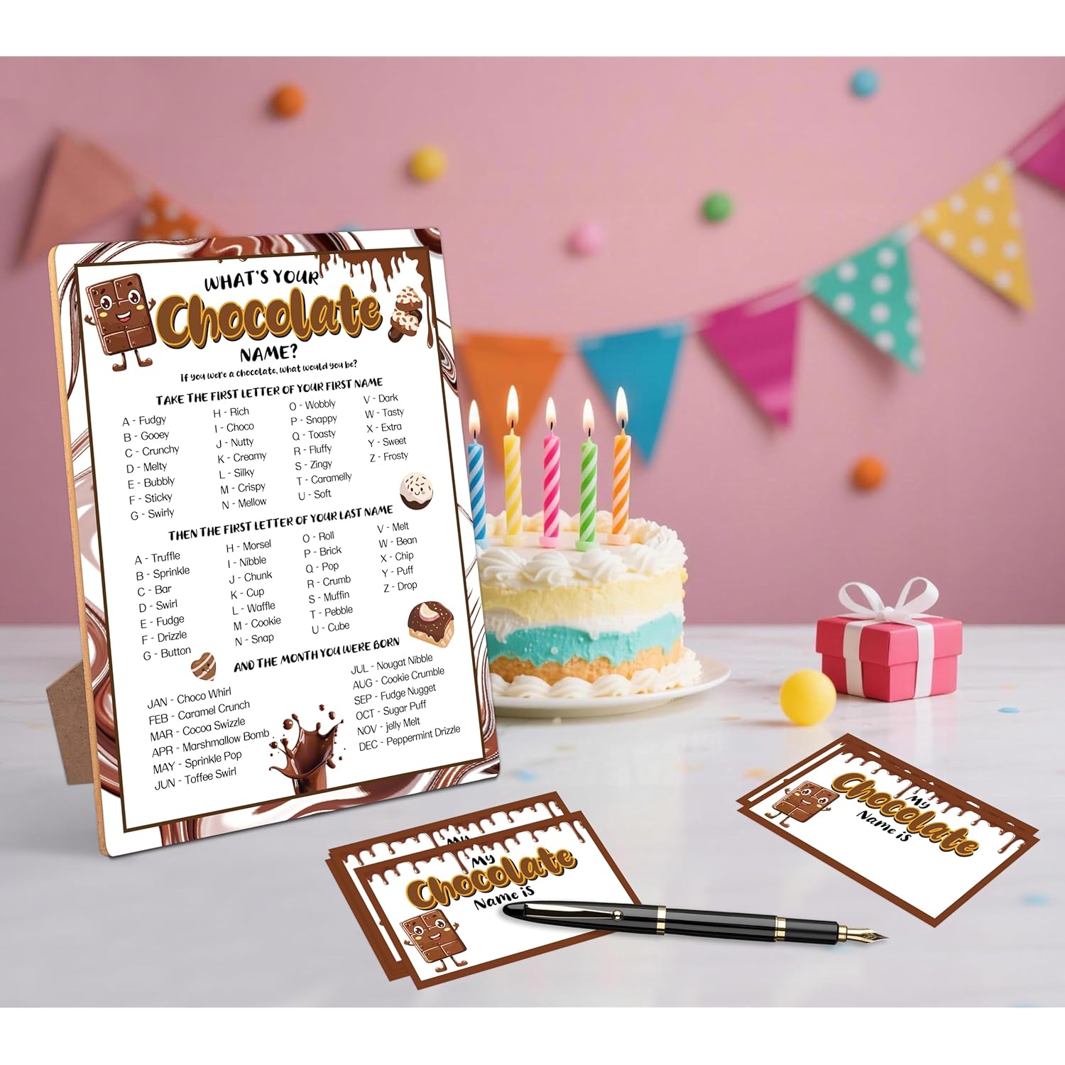 Chocolate Party Decor, What Is Your Chocolate Name Game,30 Stickers, Perfect For Birthday Party Activities 6×8 Wooden Play Sign With Stand