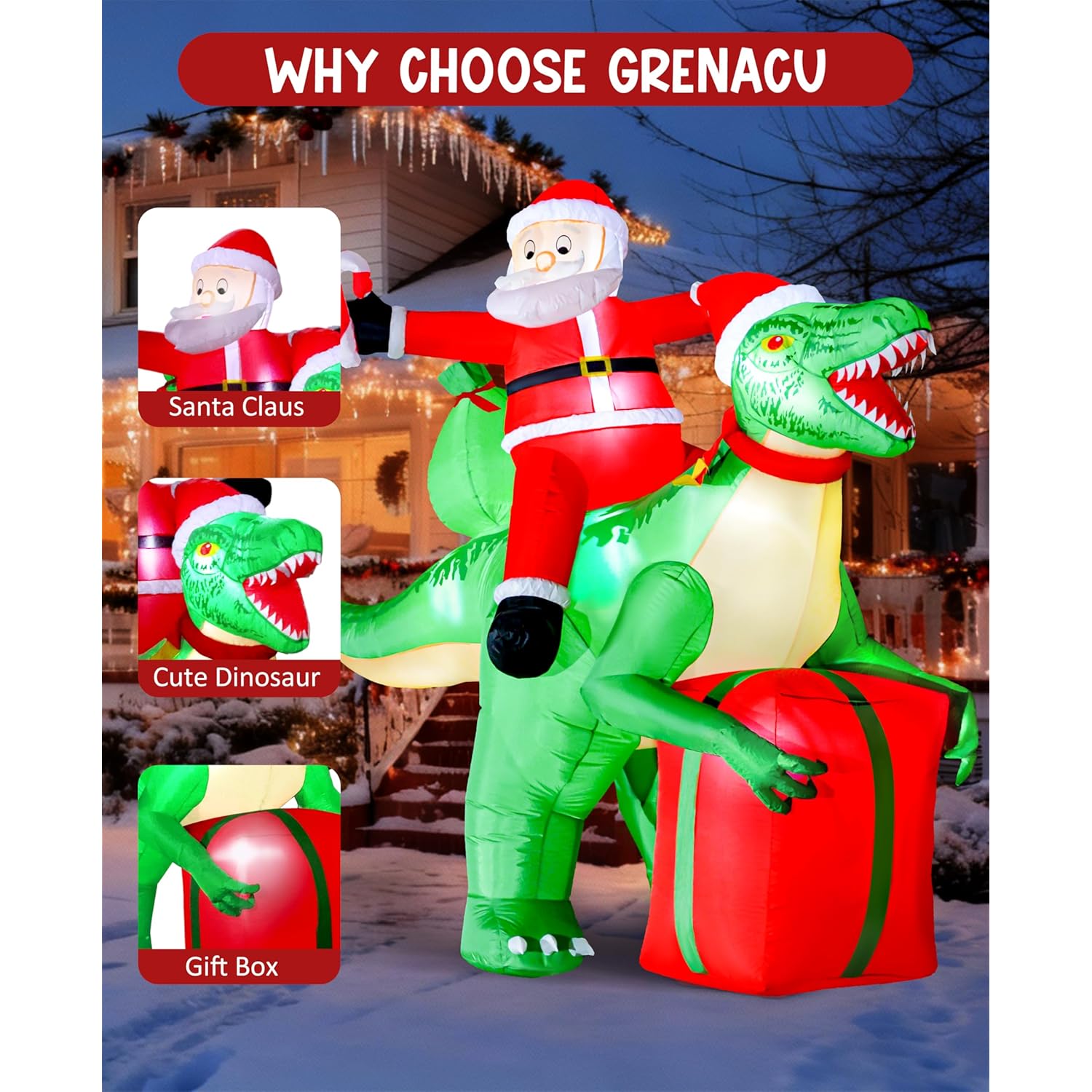 9Ft Christmas Inflatables Santa Riding Dinosaur With Built-In Led,Dinosaur Inflatable Christmas Blow Up Yard Decorations