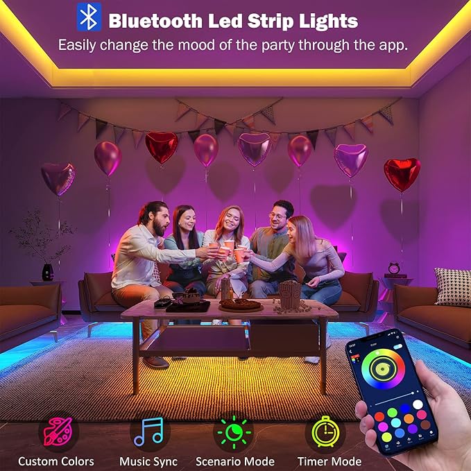 100FT RGB LED Strip Lights Music Sync App & Remote Control Color Changing Bedroom Lights