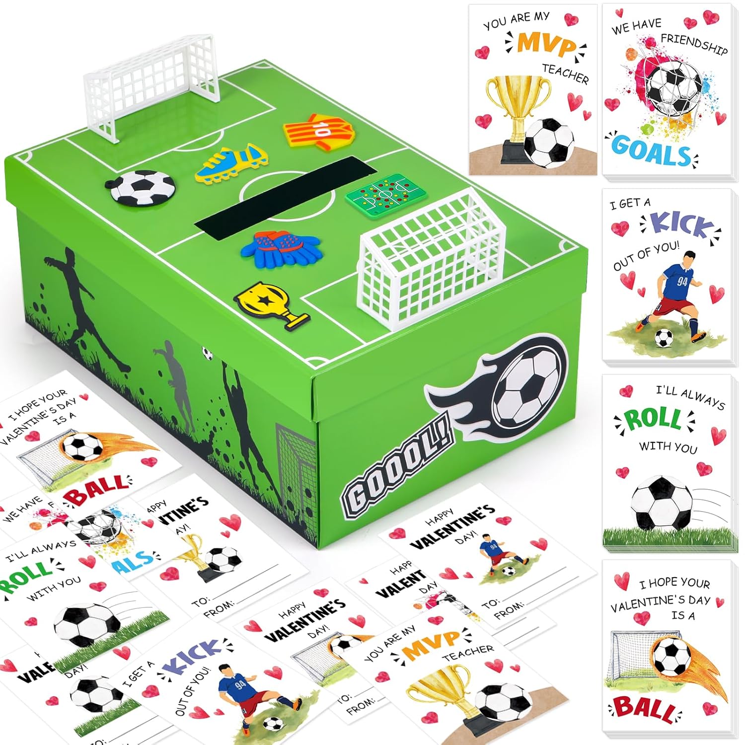 Soccer Valentines Day Box And Cards For Kids Classroom School Exchange, Great Valentines Gifts Party Favors For Boys Girls (1 Soccer Field Box, 32 Valentine Cards, 1 Teacher Card)