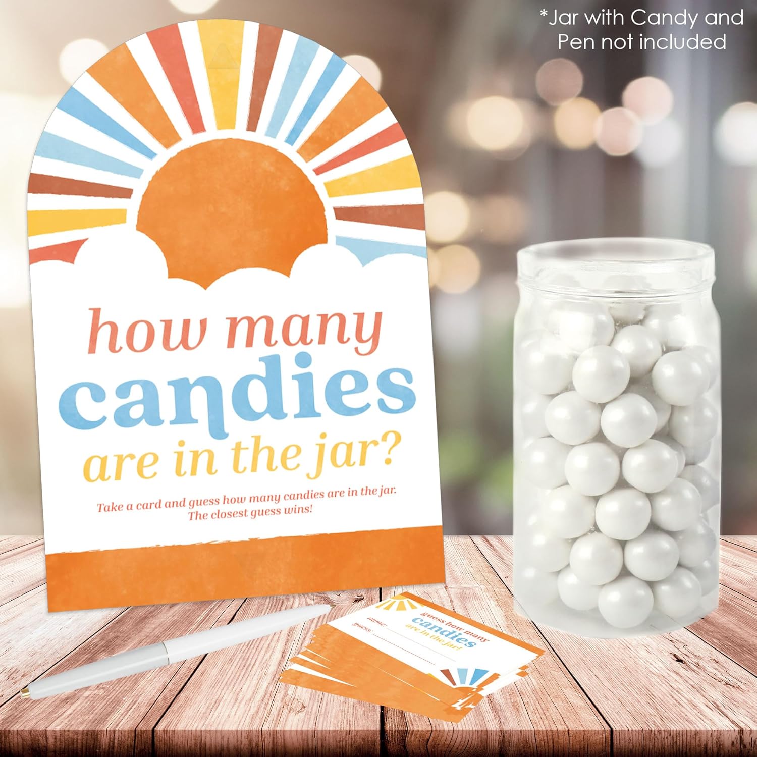 Big Dot of Happiness Retro Sunshine How Many Candies are in The Jar, Boy Boho-Themed Here Comes The Son Baby Shower Game, Candy Guessing Party Activity - 1 Paper Stand and 40 Cards