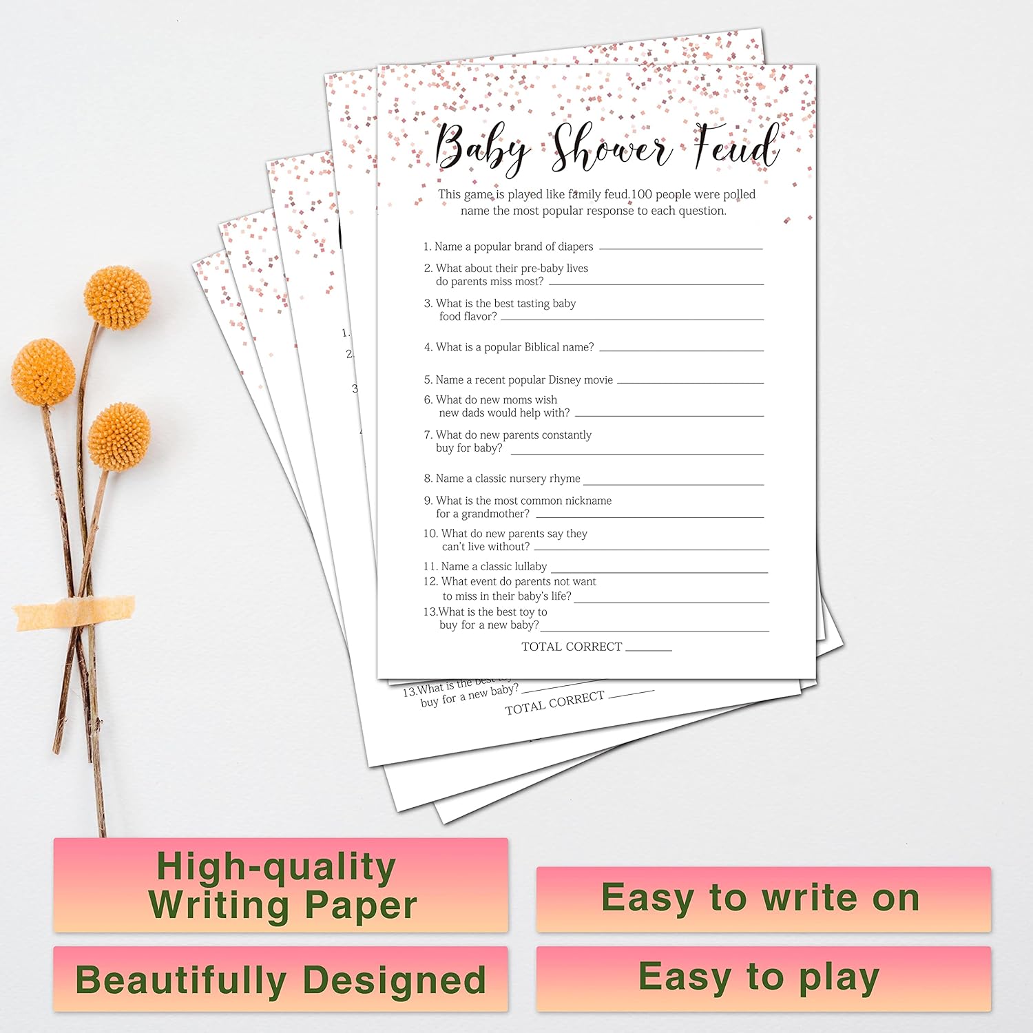 Baby Shower Feud Baby Shower Games, Pink Rose Gold Themed - 30 Game Card And 1 Answer Card Set, Baby Gender Reveal Party Game, Baby Shower Party Decorations -020-007