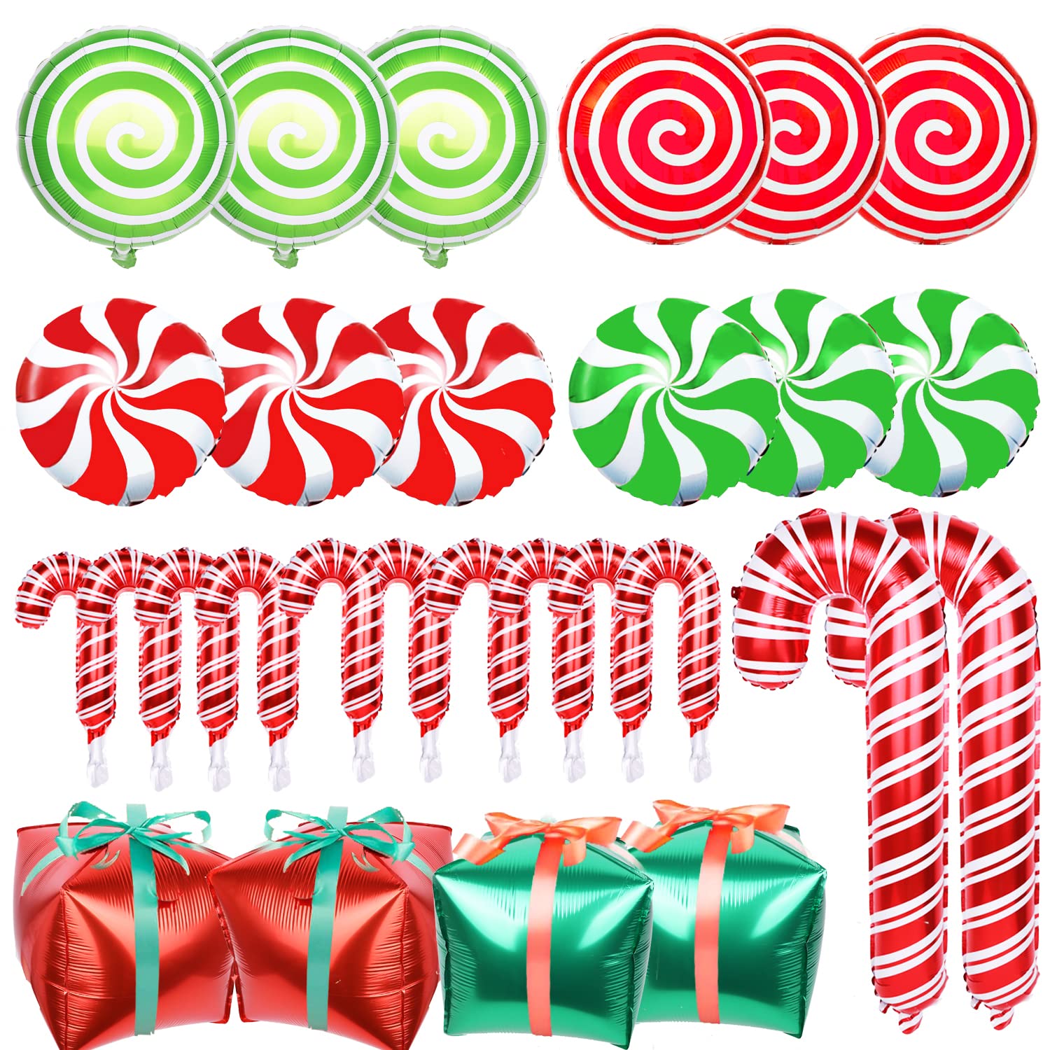 30Pcs Christmas Balloons Decoration Set, Candy Cane Gift Box Mylar Foil Balloons For Christmas New Year Candies Xmas Theme Party Decorations