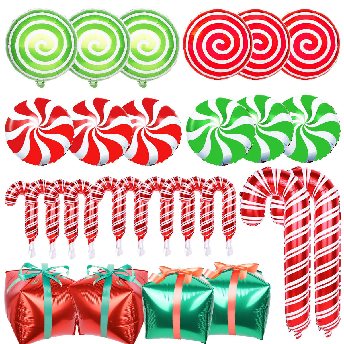 30Pcs Christmas Balloons Decoration Set, Candy Cane Gift Box Mylar Foil Balloons For Christmas New Year Candies Xmas Theme Party Decorations