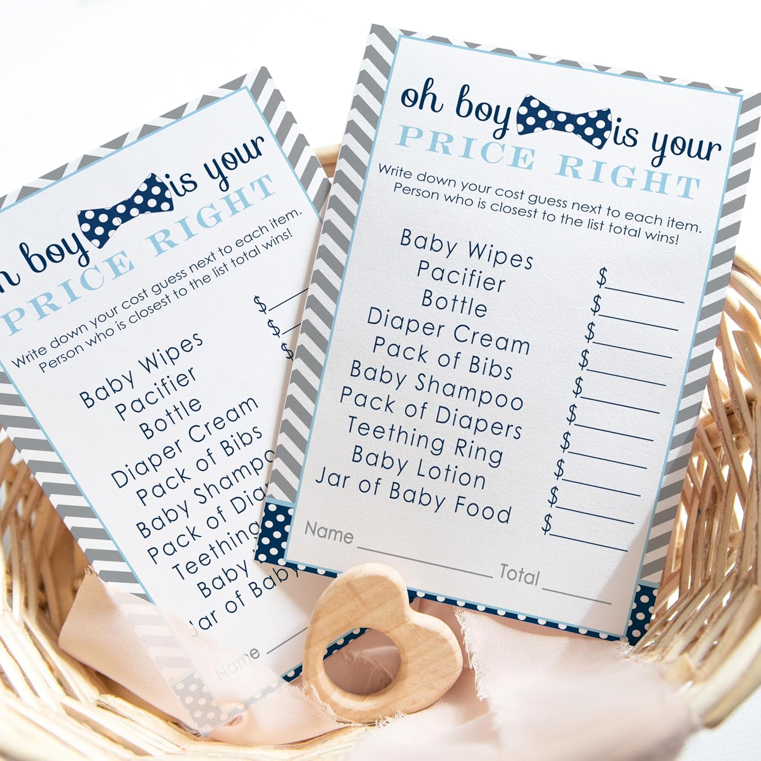 Bow-Tie Guess The Price Baby Shower Games - 25 Cards - Little Man Themed Baby Shower Game Ideas - Navy And Grey 4X6 Card Set For Boys