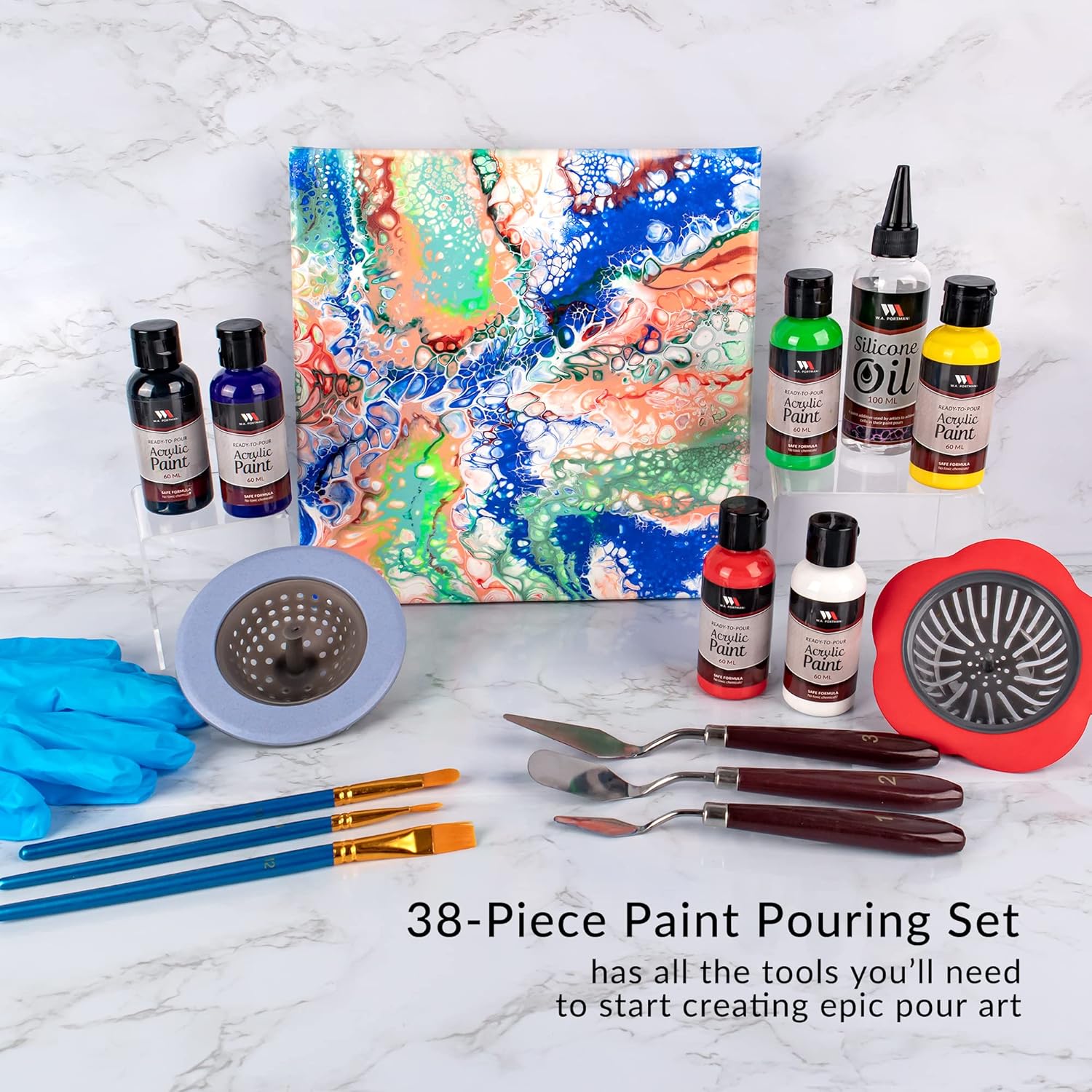 Wa Portman 38-Pc Ready To Pour Acrylic Pouring Paint Set – 6 Bottles Of Acrylic Paint Kits For Adults – Complete Painting Sets With Canvas Painting Supplies For Beginners & Professionals