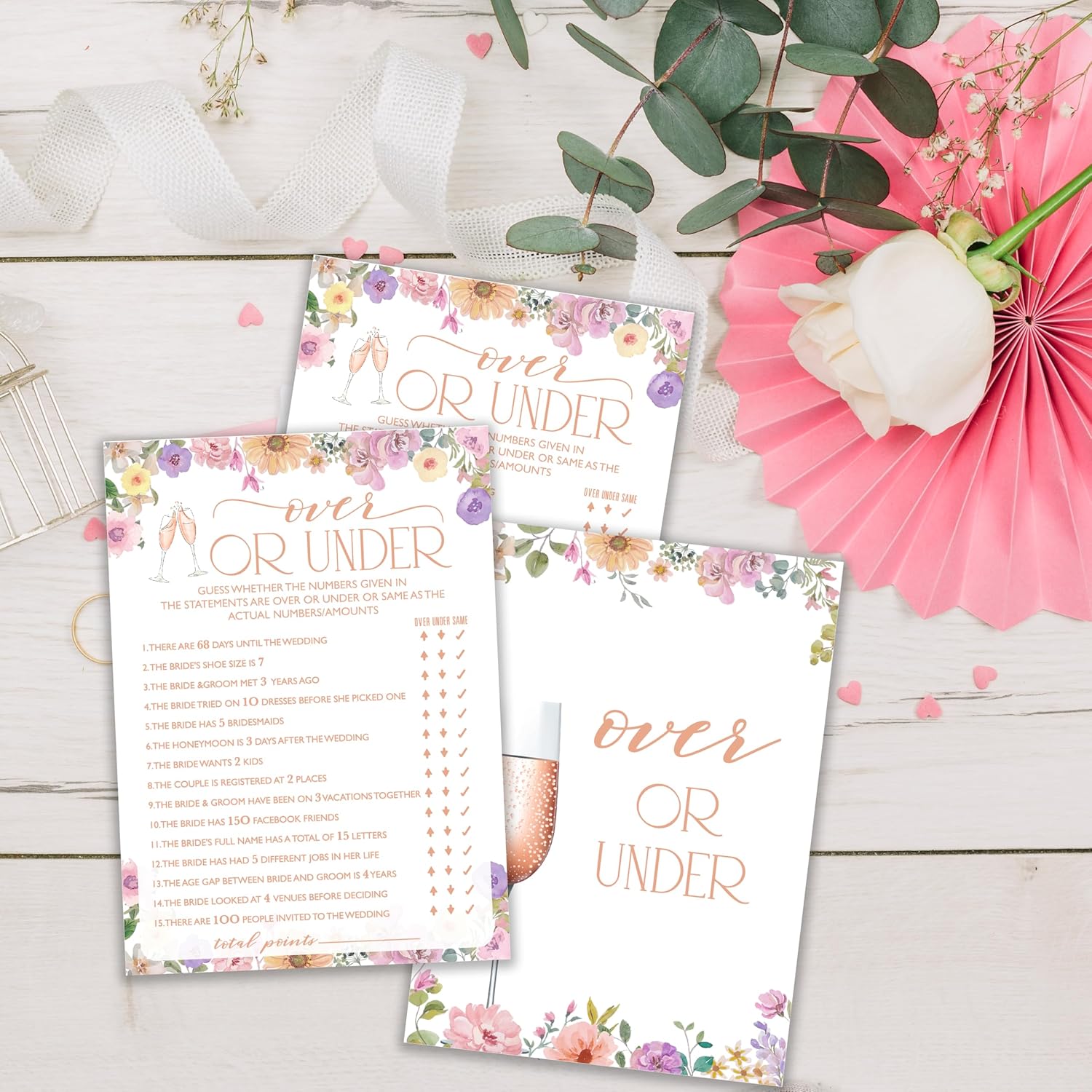 Wildflowers Wedding Games, Over Or Under, 25 Guest Party Pack, Adults, 5X7 Inches, Perfect For Bridal Showers & Engagement Parties