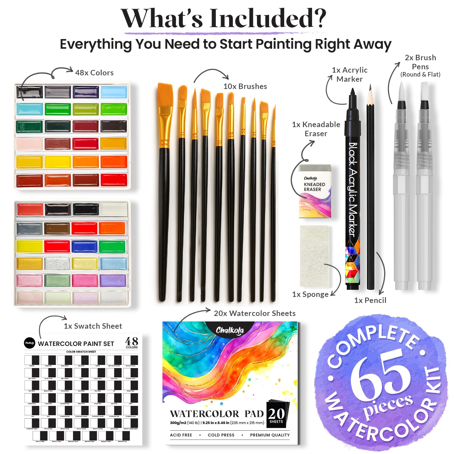 Professional Watercolor Paint Set - 48 Semi Moist Water Colors Paint Adult Set, Xl Pans | With Painting Brushes, Water Color Pad & Art Supplies | Suitable For Adults, Kids, Beginner & Artists