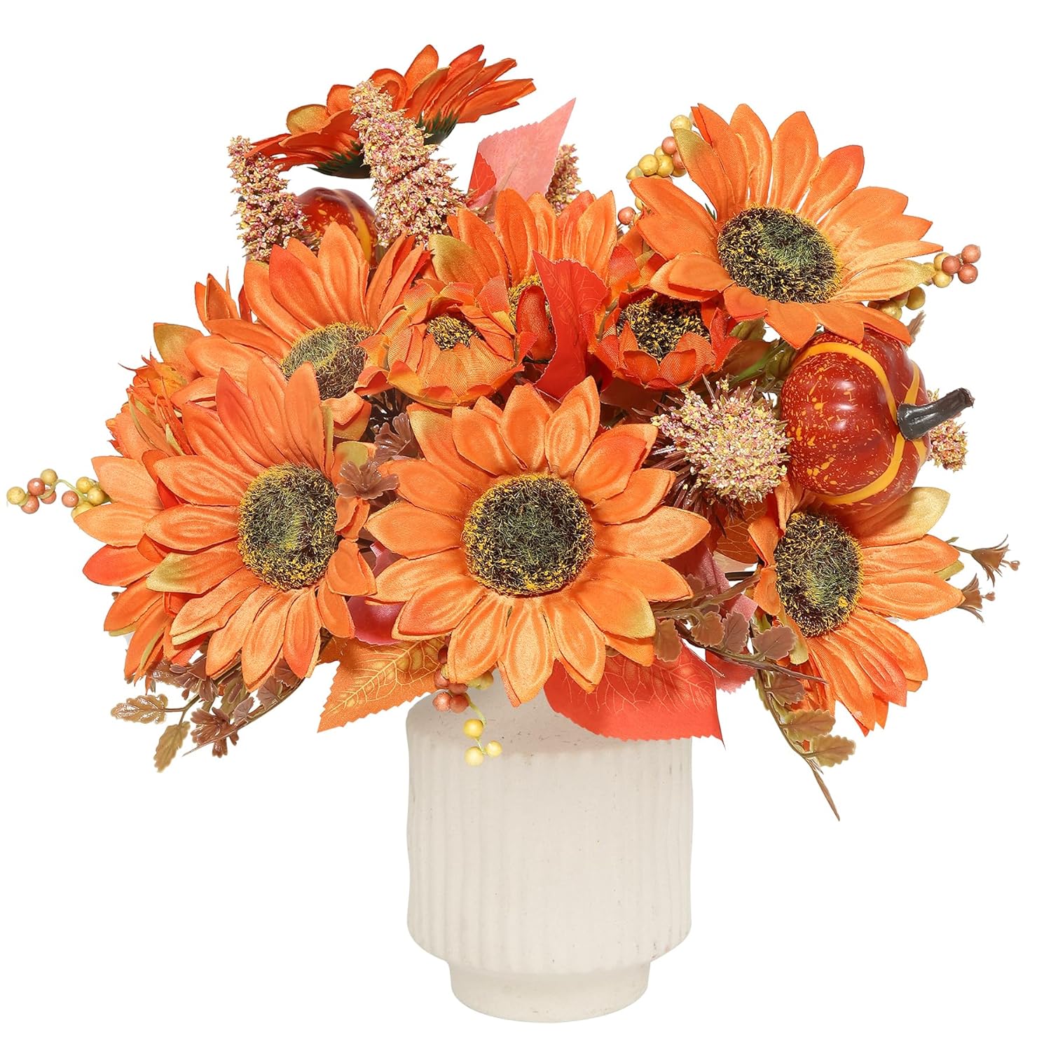 2Pcs Fall Flowers Artificial Sunflower With Pumpkins 13.78" Silk Sunflower Bouquets Floral For Home Farmhouse Table Centerpieces Autumn Thanksgiving Decor,Orange