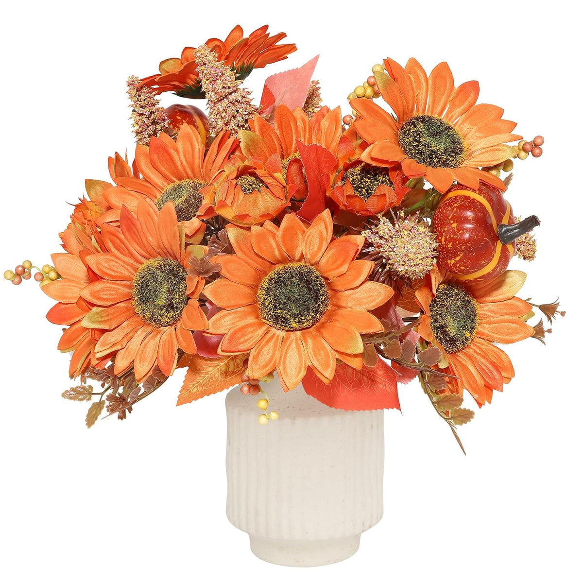2Pcs Fall Flowers Artificial Sunflower With Pumpkins 13.78" Silk Sunflower Bouquets Floral For Home Farmhouse Table Centerpieces Autumn Thanksgiving Decor,Orange