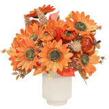 2Pcs Fall Flowers Artificial Sunflower With Pumpkins 13.78" Silk Sunflower Bouquets Floral For Home Farmhouse Table Centerpieces Autumn Thanksgiving Decor,Orange