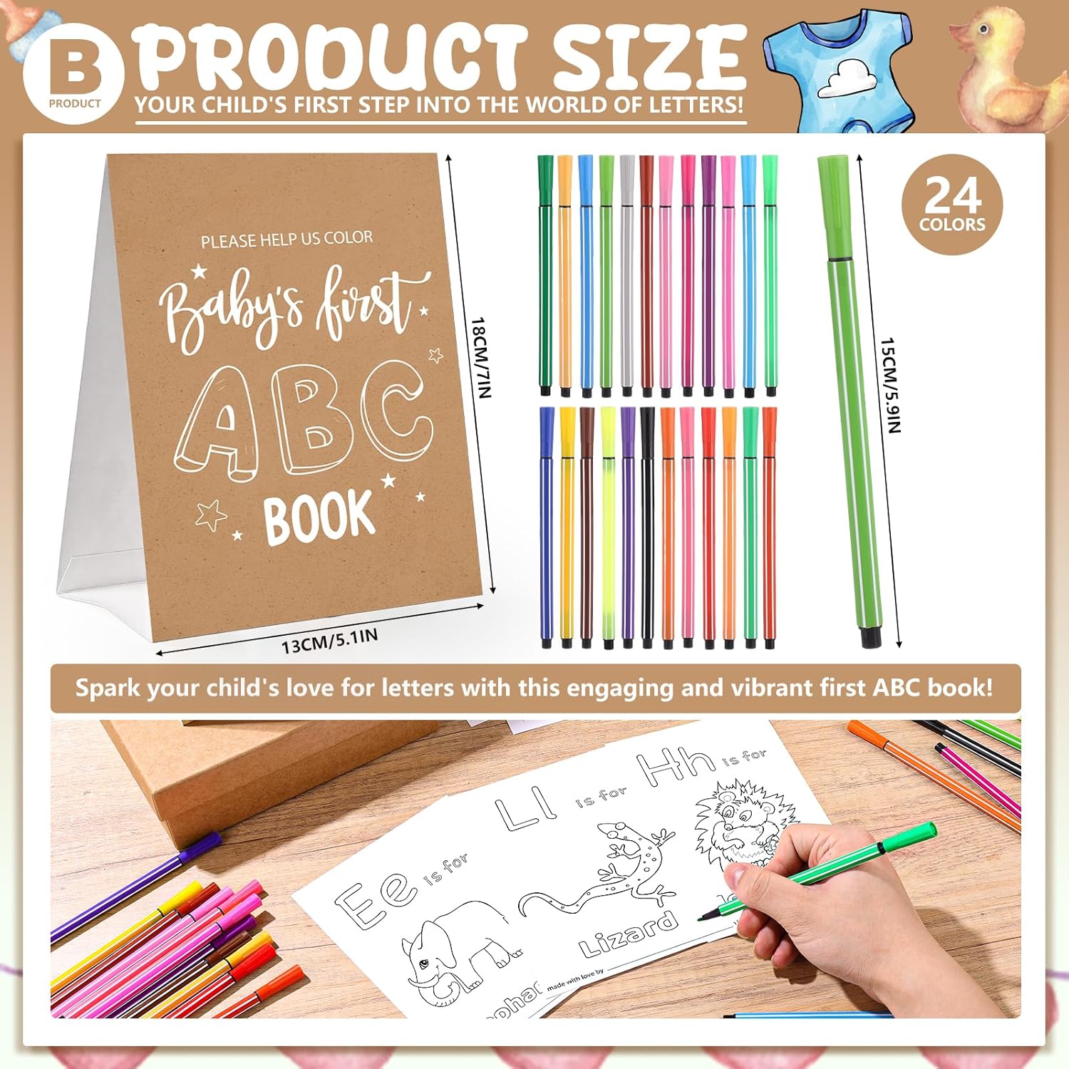 Baby Shower Games Baby'S First Abc Coloring Book 26 Curious Activity Cards Animal Alphabet A To Z Coloring Card With 24 Watercolor Pen For Baby Shower Activities (Kraft Paper)