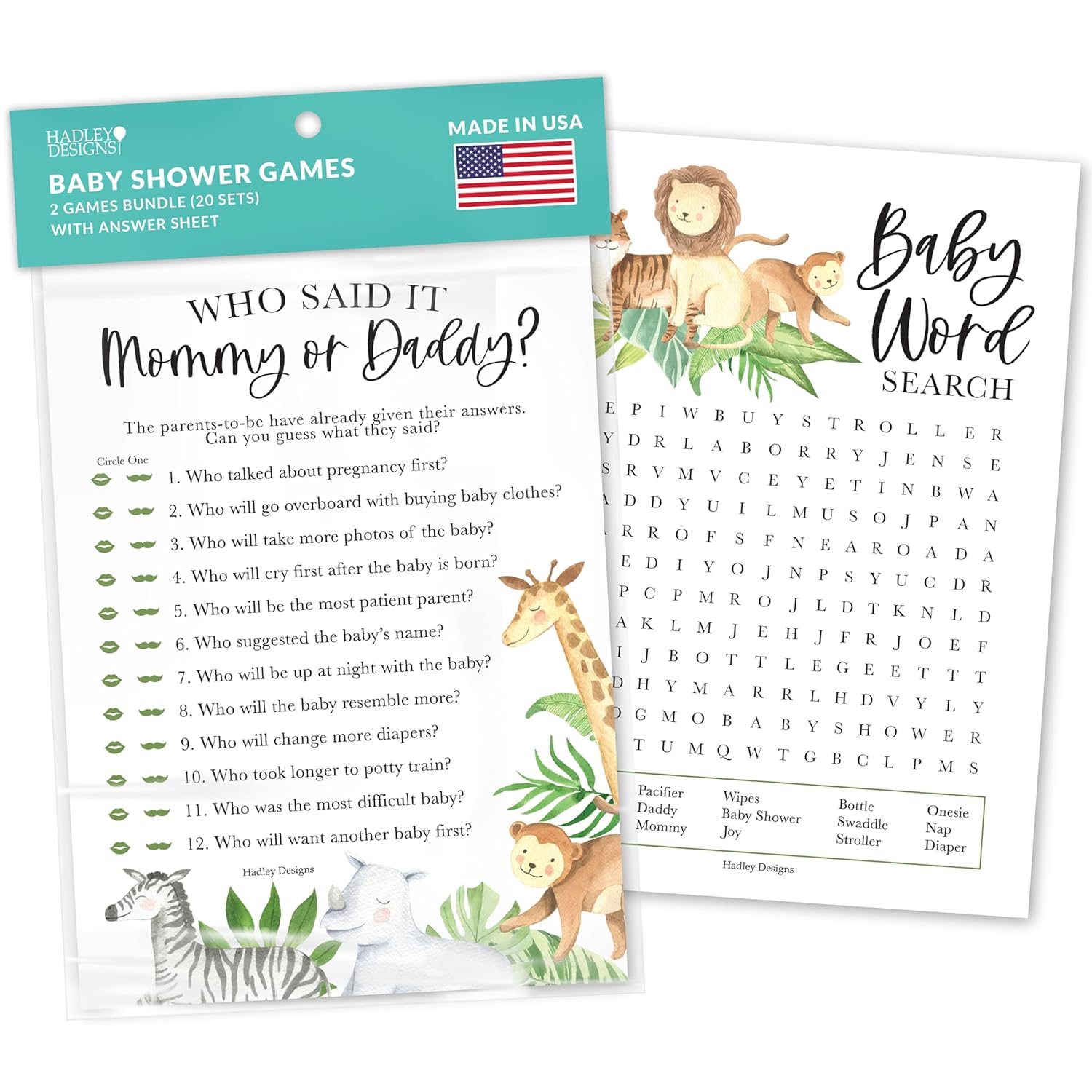 20 Safari Baby Shower Games Gender Neutral-Hilarious For Girl, Funny Boy, Guess Who Mommy Or Daddy, Baby Games Word Search Game