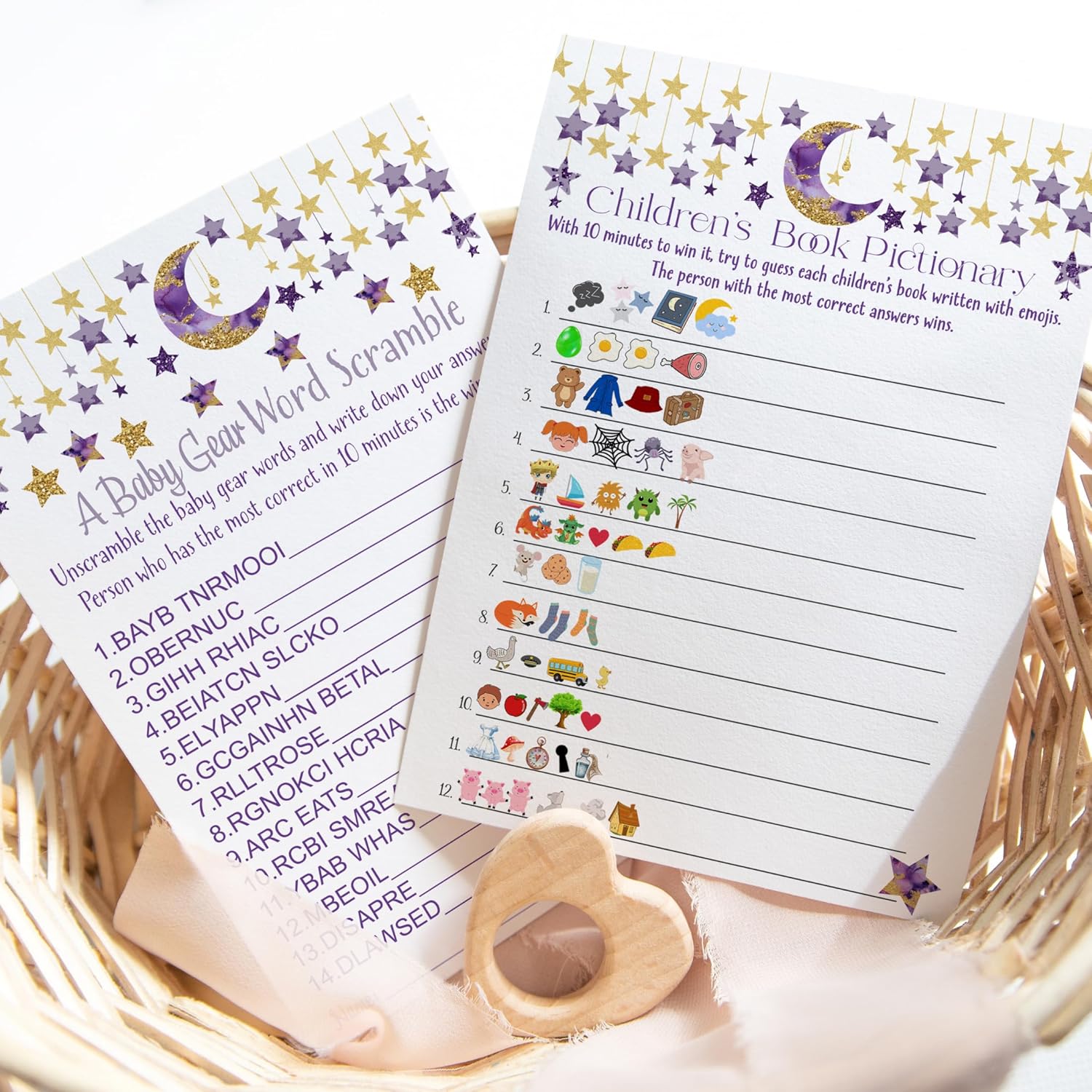 Twinkle Little Star Baby Shower Games - Gender Neutral Emoticon Guessing Activities - 25 Cards Pack - Fun For Guests - Purple And Gold Moon Theme