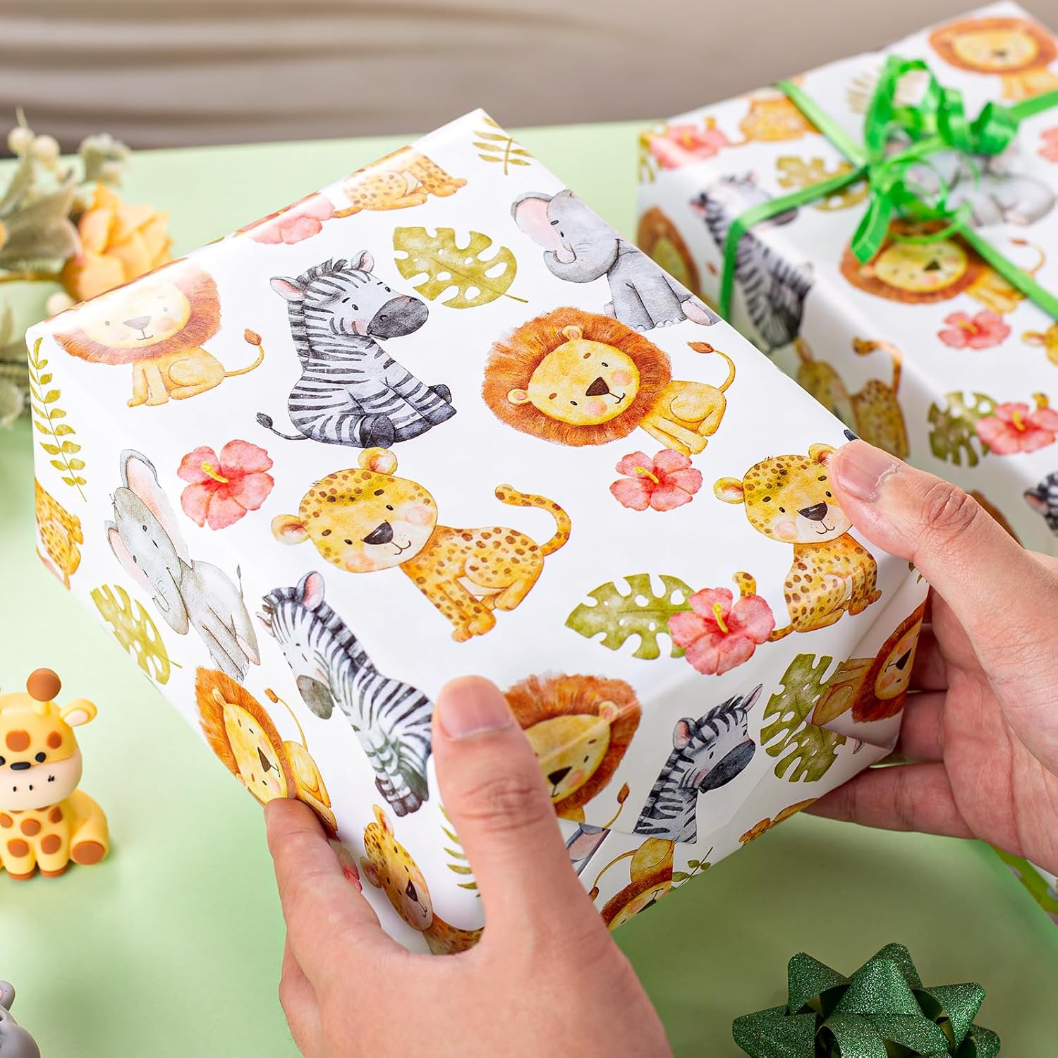 Avocado Green Baby Shower Wrapping Paper,Reversible Cute Personalized Safari Animal Polka Dot Newborn Gift Wrap For Baby Shower, Kids Girls Boys Birthday (17 In X 32.8 Ft)