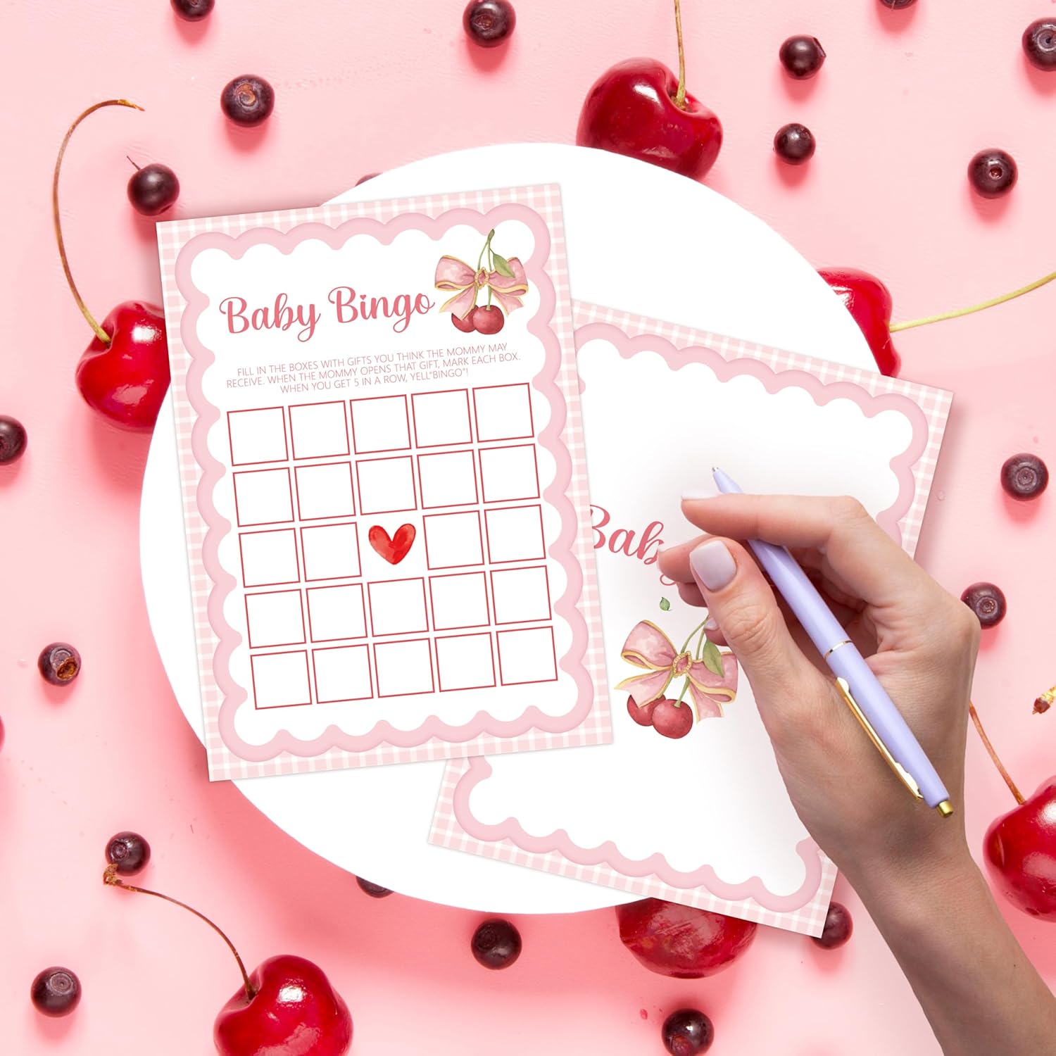 Pink Bow Baby Shower Games, 25 Pcs Cherry Baby Bingo Game For Adults, 5"×7" Double-Sided Gender Reveal Cards For Party Decorations Favors - C02