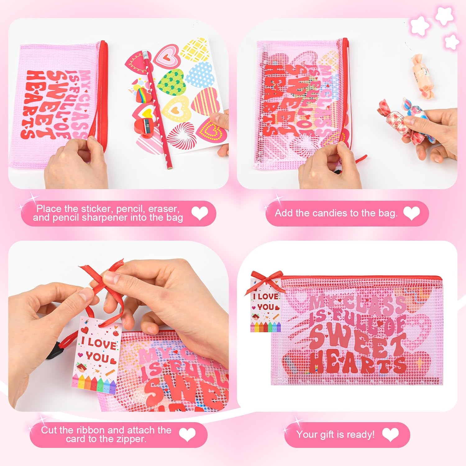 24 Pack Valentines Gifts For Students Classroom Exchange - Bulk Valentines Party Favors Birthday Goodie Bags Class Rewards Prizes Stationery Set With Reusable Zipper Pouches With Cards