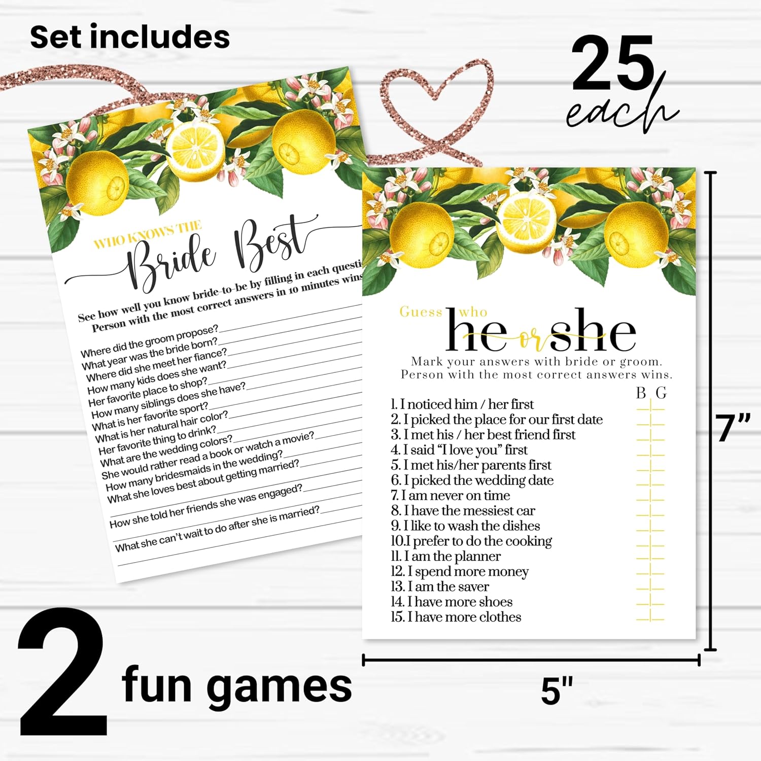 Lemon Bridal Shower Games - Bundle Includes He Said Or She Said & Who Knows The Bride Best - 25 Double-Sided Cards - Fun Ideas For Engagement Parties & Rehearsal Dinners - Main Squeeze Design