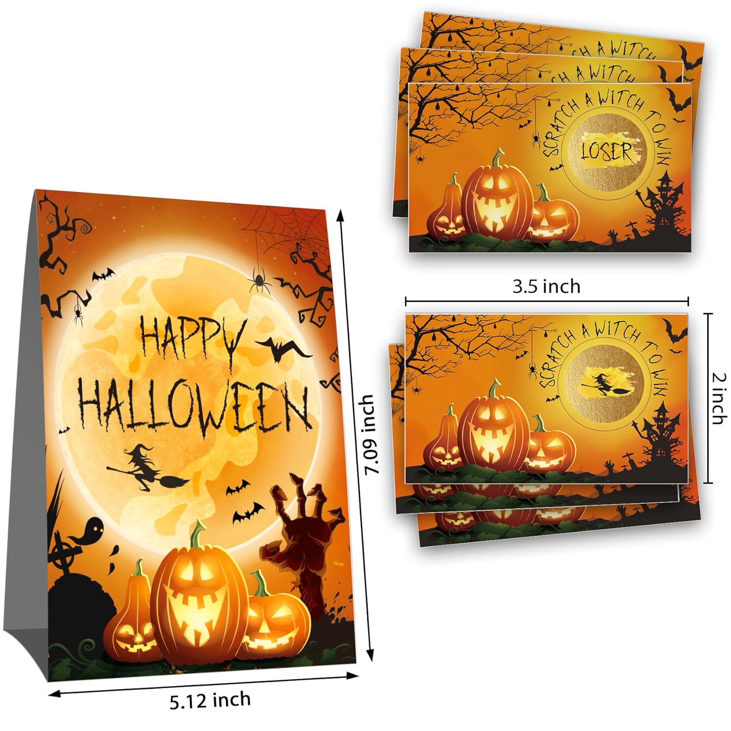 Scratch Off Halloween - 50 Pcs Lucky Draw Cards With 8 Winners & 42 Blanks + Sign, Themed Party Activities, Interactive Decorations And Favors -152