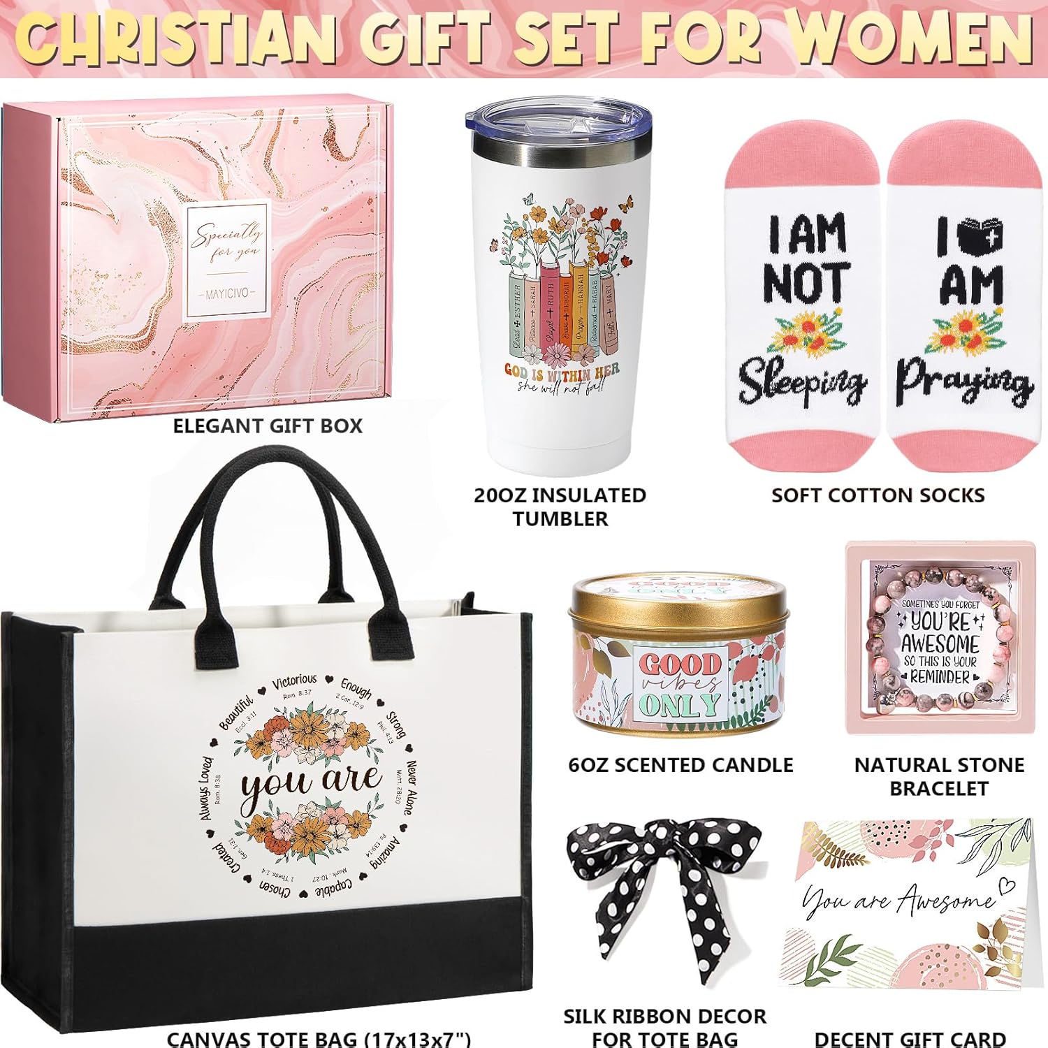 Christian Gifts For Women Faith Inspirational Religious Gift Basket, Catholic Spiritual Gift Unique Christmas Birthday Gifts For Women Mom Sister Best Friends Grandma Wife Coworker W/Canvas Tote Bag