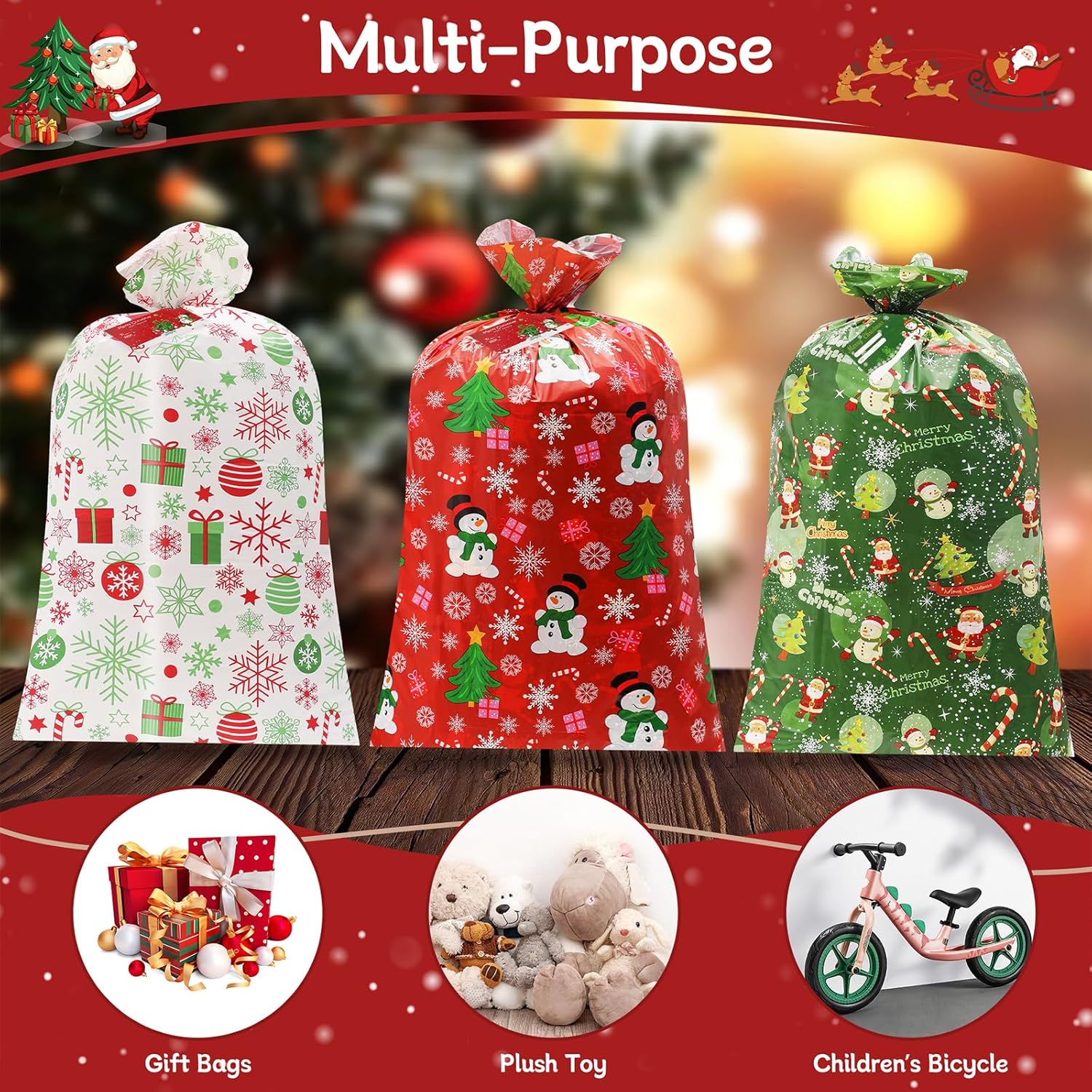 Large Christmas Gift Bags - 3 Pcs Jumbo Christmas Bags 56"X36" - Big Santa Gift Bags For Giant Gifts - Heavy Duty Plastic Xmas Bags For Presents