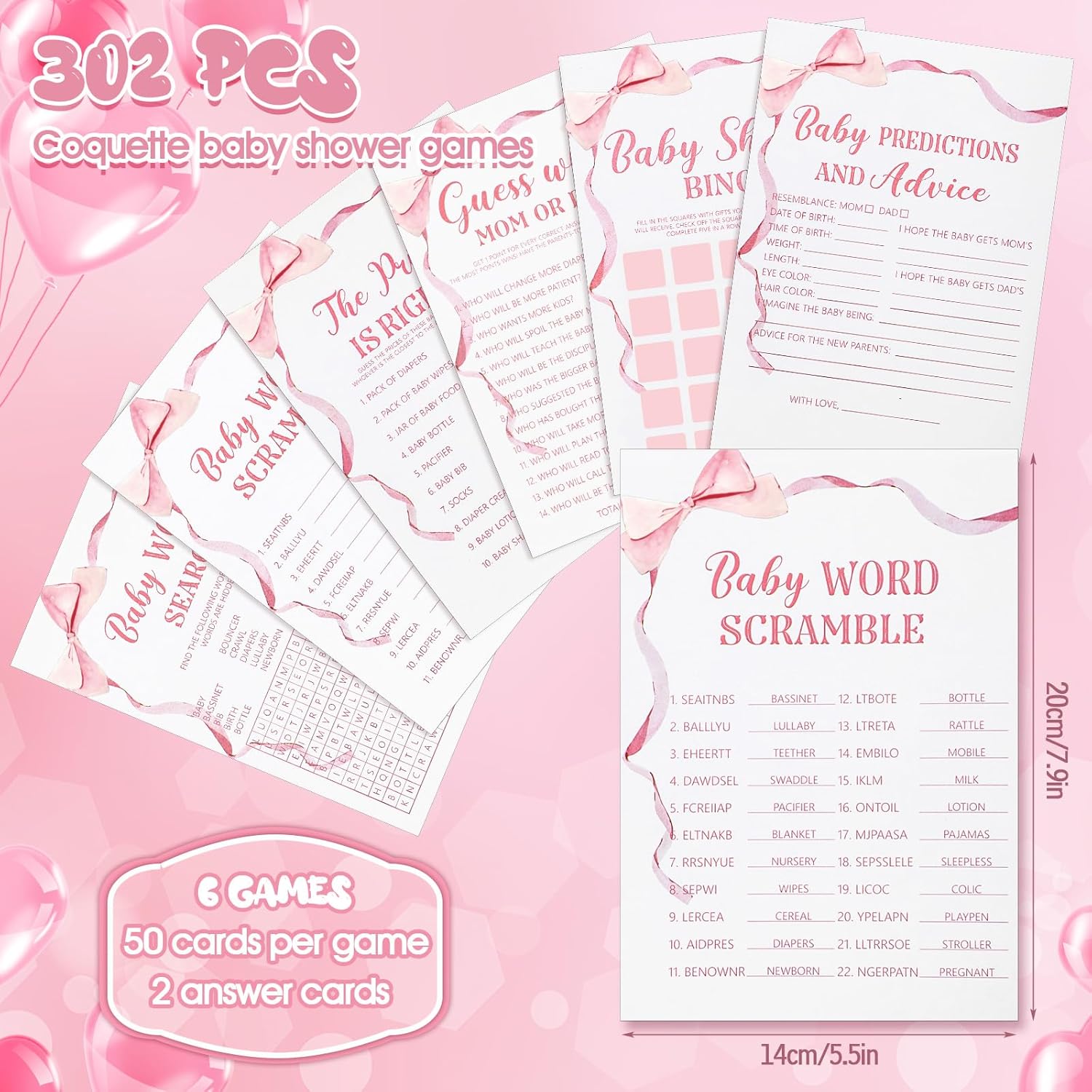 302 Pcs Pink Bow Price Is Right Baby Shower Games Watercolor Ribbon Baby Shower Signs, 6 Games, 50 Sheets Each, Minimalist Girl Boy Predictions And Advice Bingo Word Scramble