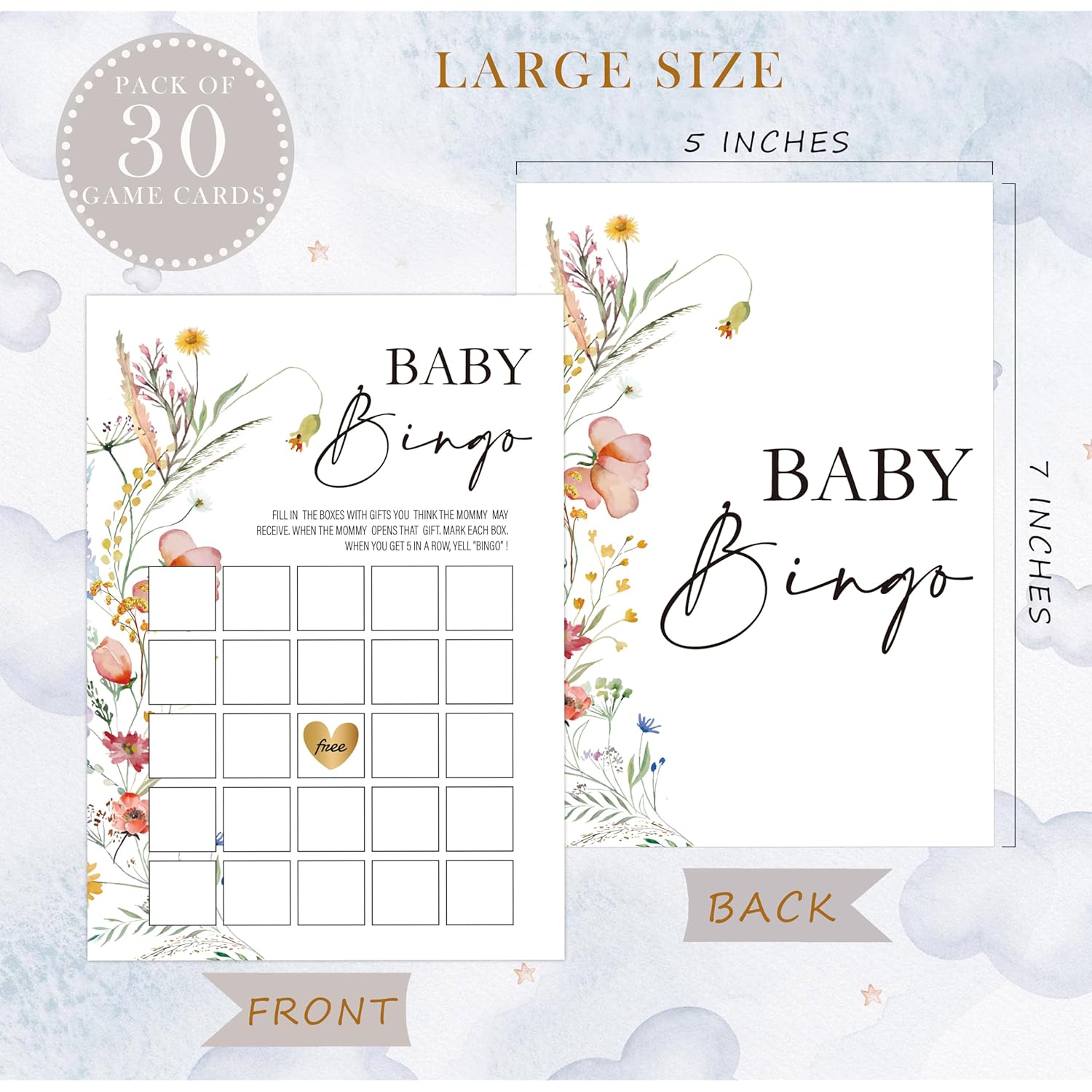 Boho Wildflower Baby Bingo Game, Baby Shower Games, Pack Of 30 Game Cards, Gender Neutral Boy Or Girl - Fa08