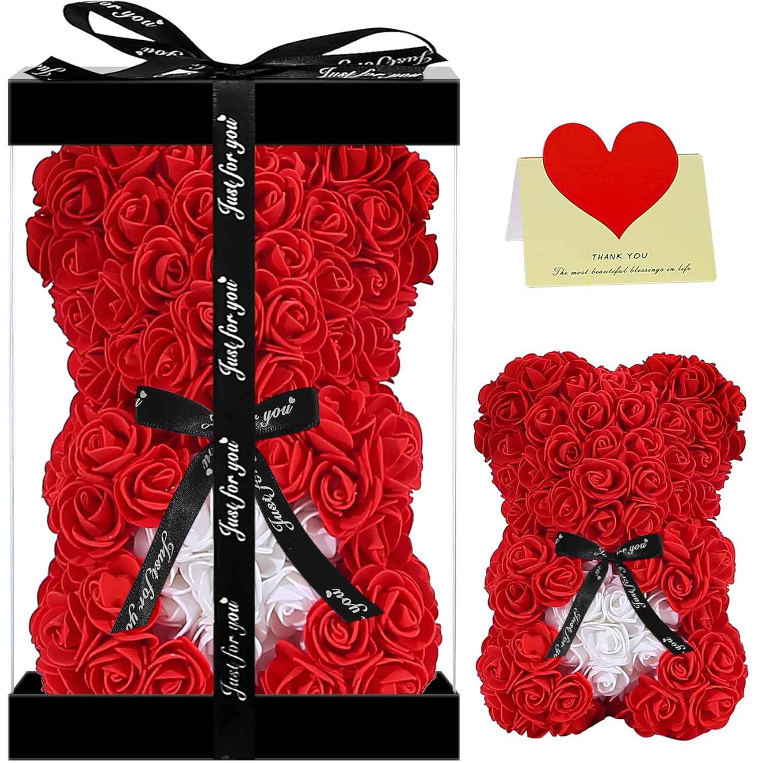 Gift For Mom Women-Rose Cute Bear - Rose Adorable Teddy Artificial Bear - Best Gift For Valentines Day, Mothers Day, Anniversary, Birthdays - Clear Gift Box Included! 10 Inches Tall