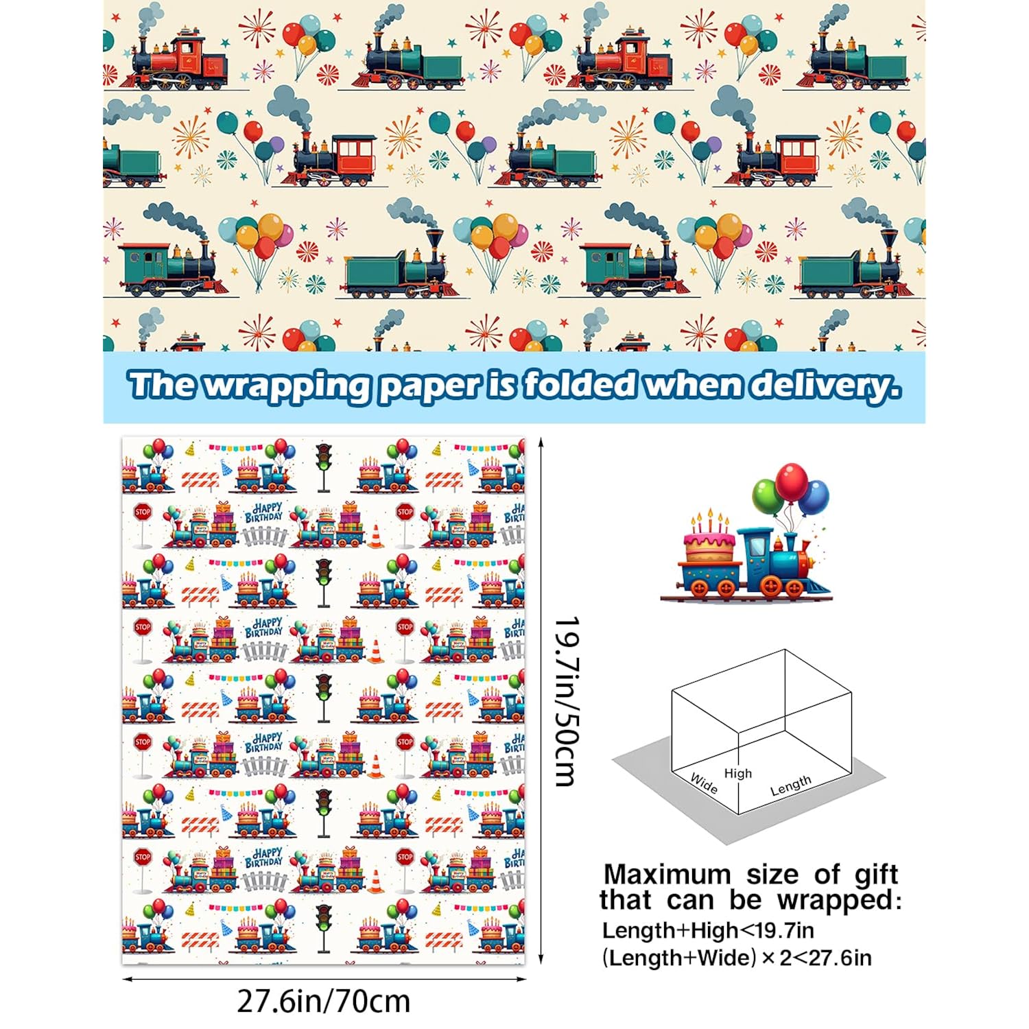 Train Wrapping Paper - 12 Sheets Cartoon Birthday Wrapping Paper Gift Wrap - Blue & Red Trains With Balloons Cake Gifts Train Tracks For Kids Boys Baby Shower Party Supplies - 20X28 Inch