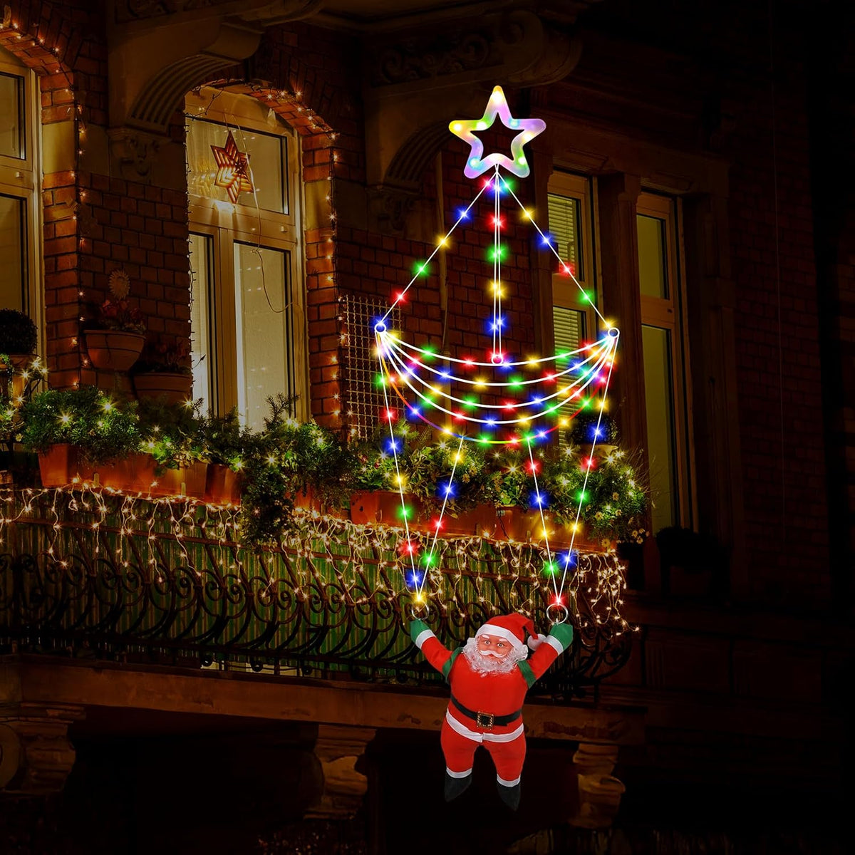 Led Christmas Parachute Lights With Santa Claus, 3.66Ft, 8 Modes Hanging Lights For Indoor Outdoor Porch Roof Eave Balco