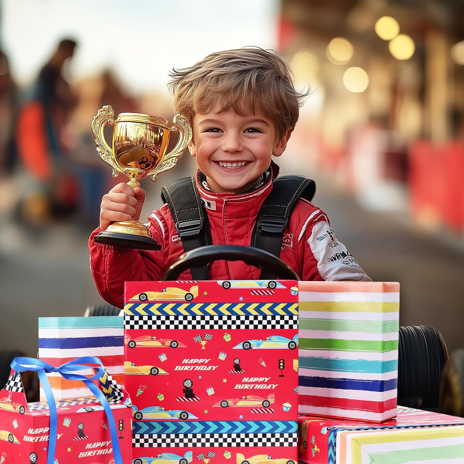 Reversible Race Car Wrapping Paper - 17 Inches X 33 Feet (47 Sq. Ft. Ttl.) - Racing Cars And Colorful Stripes Design For Birthday, Baby Shower, Party, Holiday, Boys Girls Kids