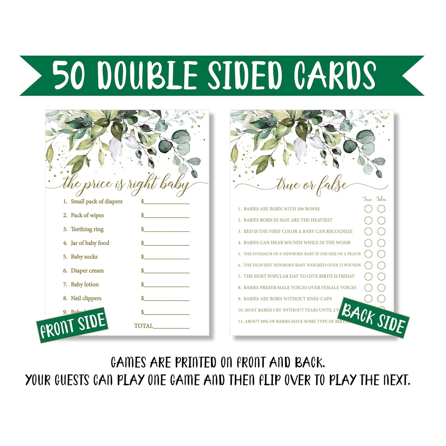 Baby Shower Games Gender Neutral, 50 Price Is Right, 50 True Or False Trivia, Greenery Sage Eucalyptus, 2 Games Double Sided Gender Reveal Games For Guests, Baby Shower Party Supplies